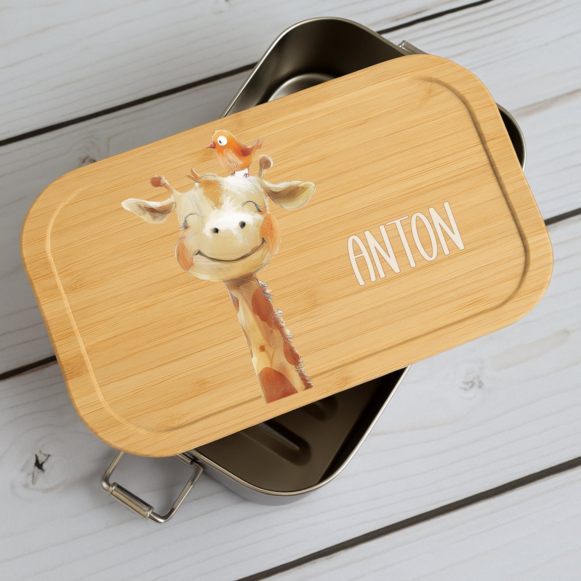 Brotdose Kinder Beige Tiere – Lunchbox mit Bambusdeckel & Name