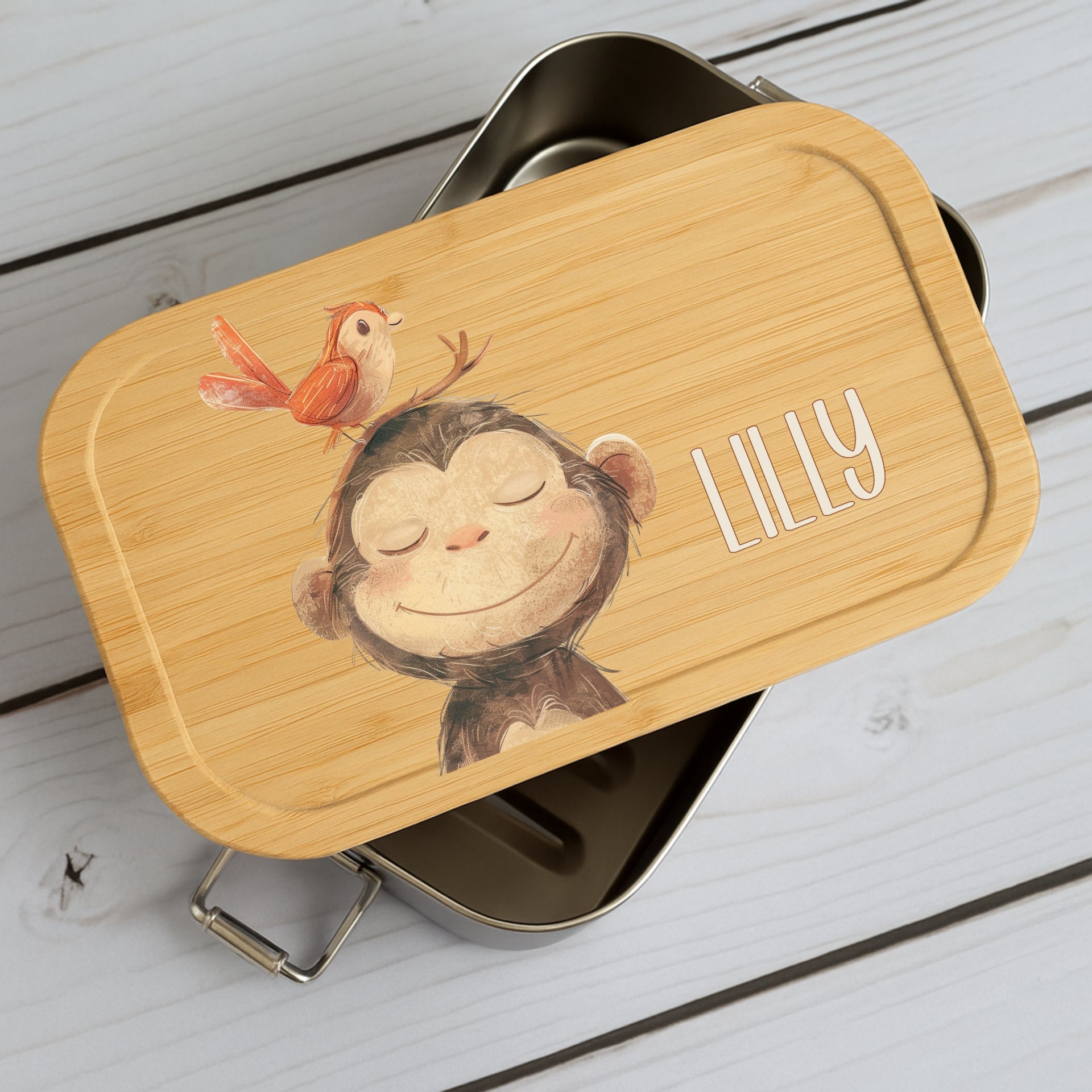 Brotdose Kinder Beige Tiere – Lunchbox mit Bambusdeckel & Name