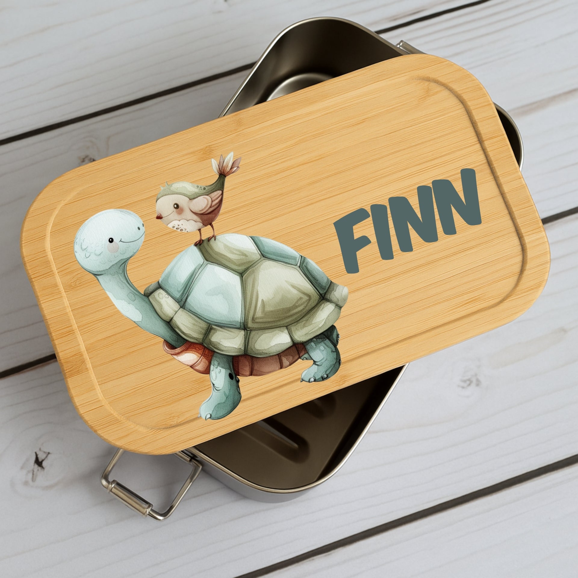 Brotdose Metall mit Holzdeckel und Tiermotive