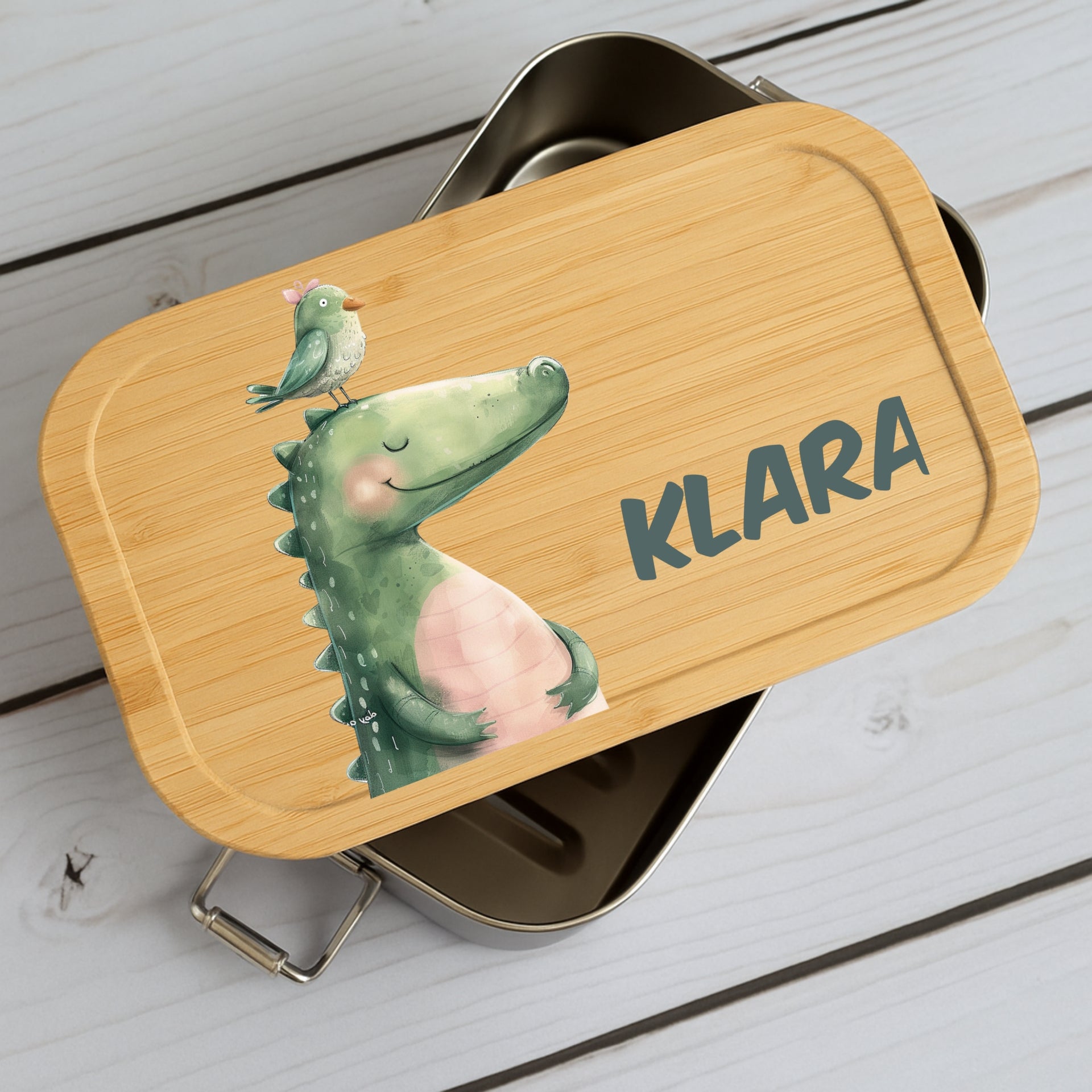 Brotdose Metall mit Holzdeckel und Tiermotive