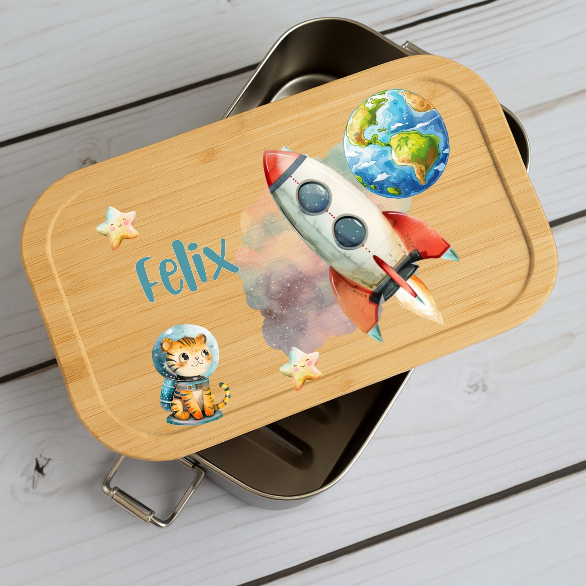 Brotdose Kinder Weltall – Lunchbox mit Bambusdeckel & Name