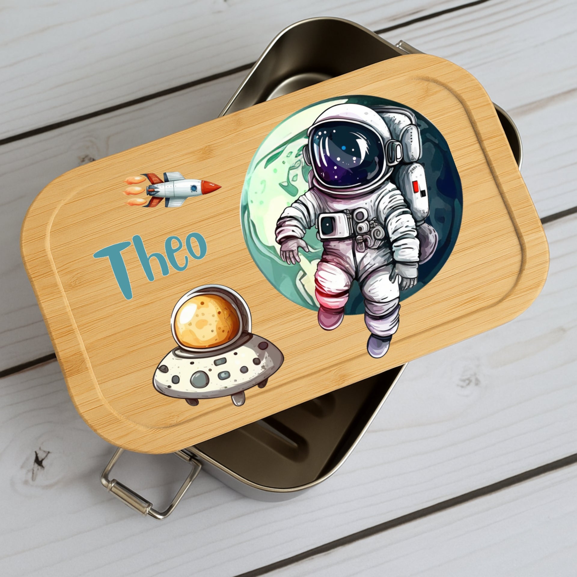 Brotdose Kinder Weltall – Lunchbox mit Bambusdeckel & Name