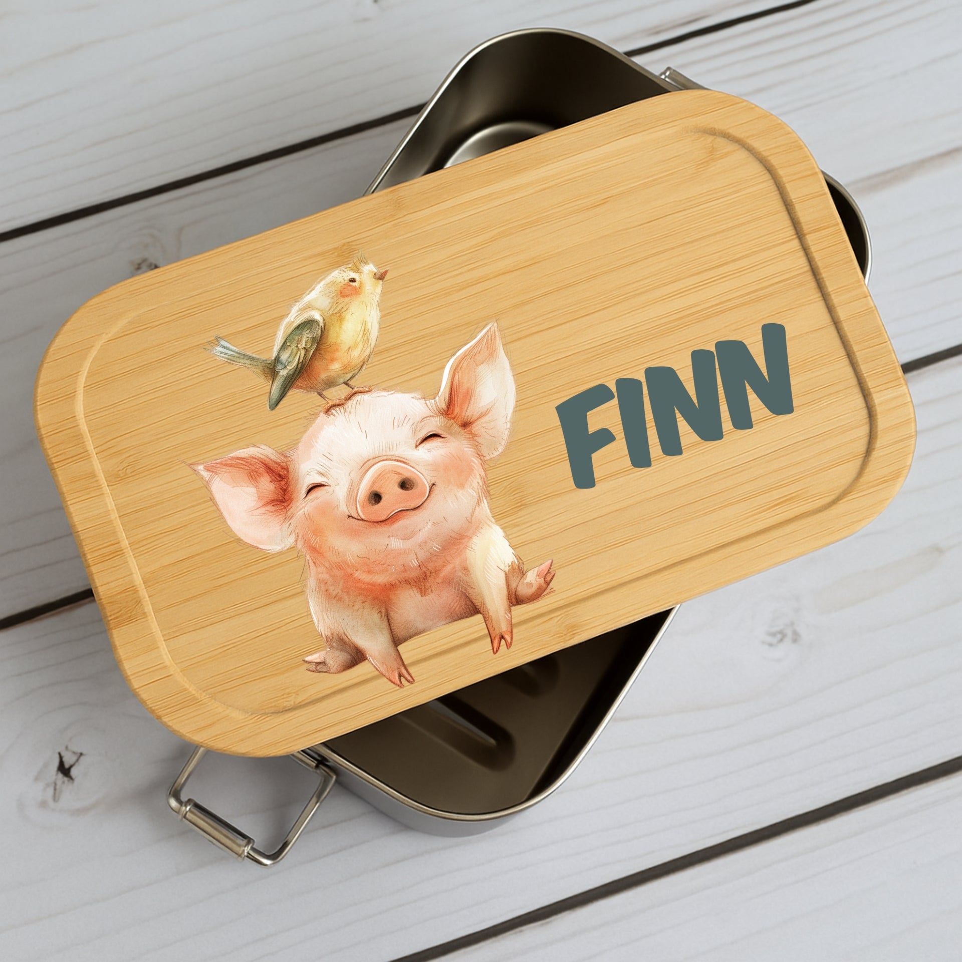 Brotdose Metall mit Holzdeckel und Tiermotive