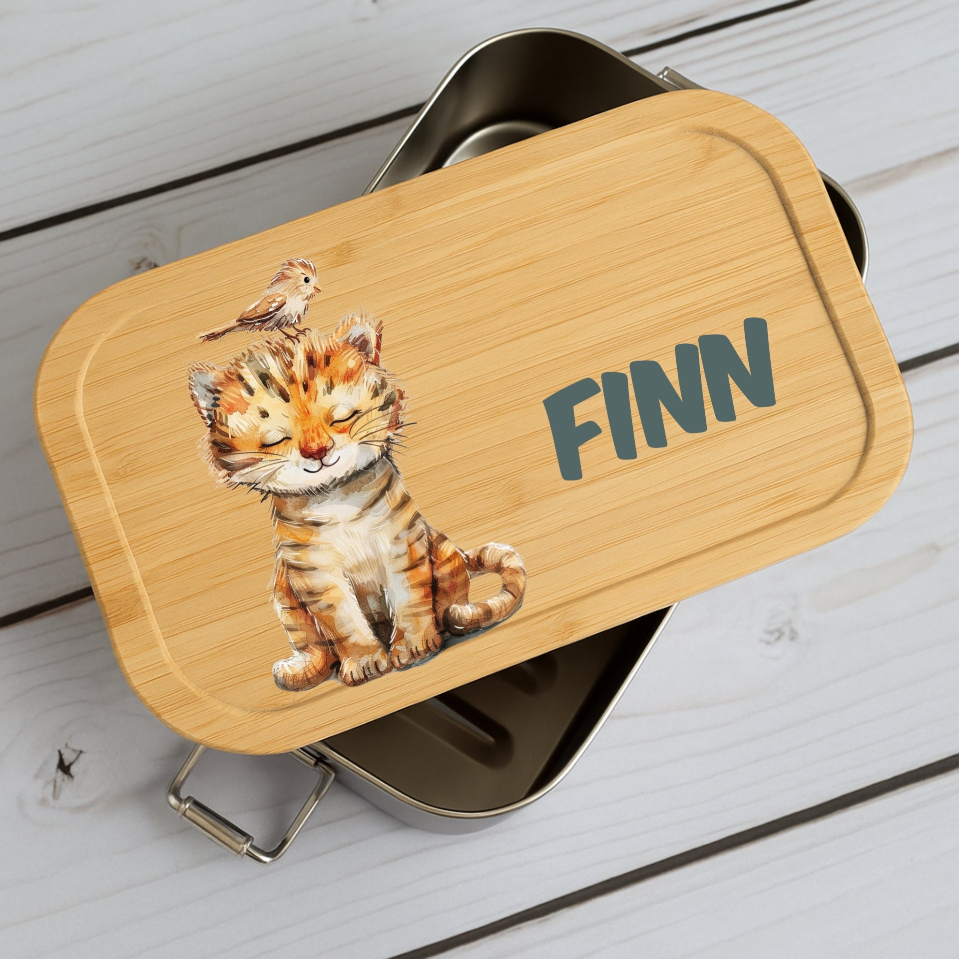 Brotdose Metall mit Holzdeckel und Tiermotive