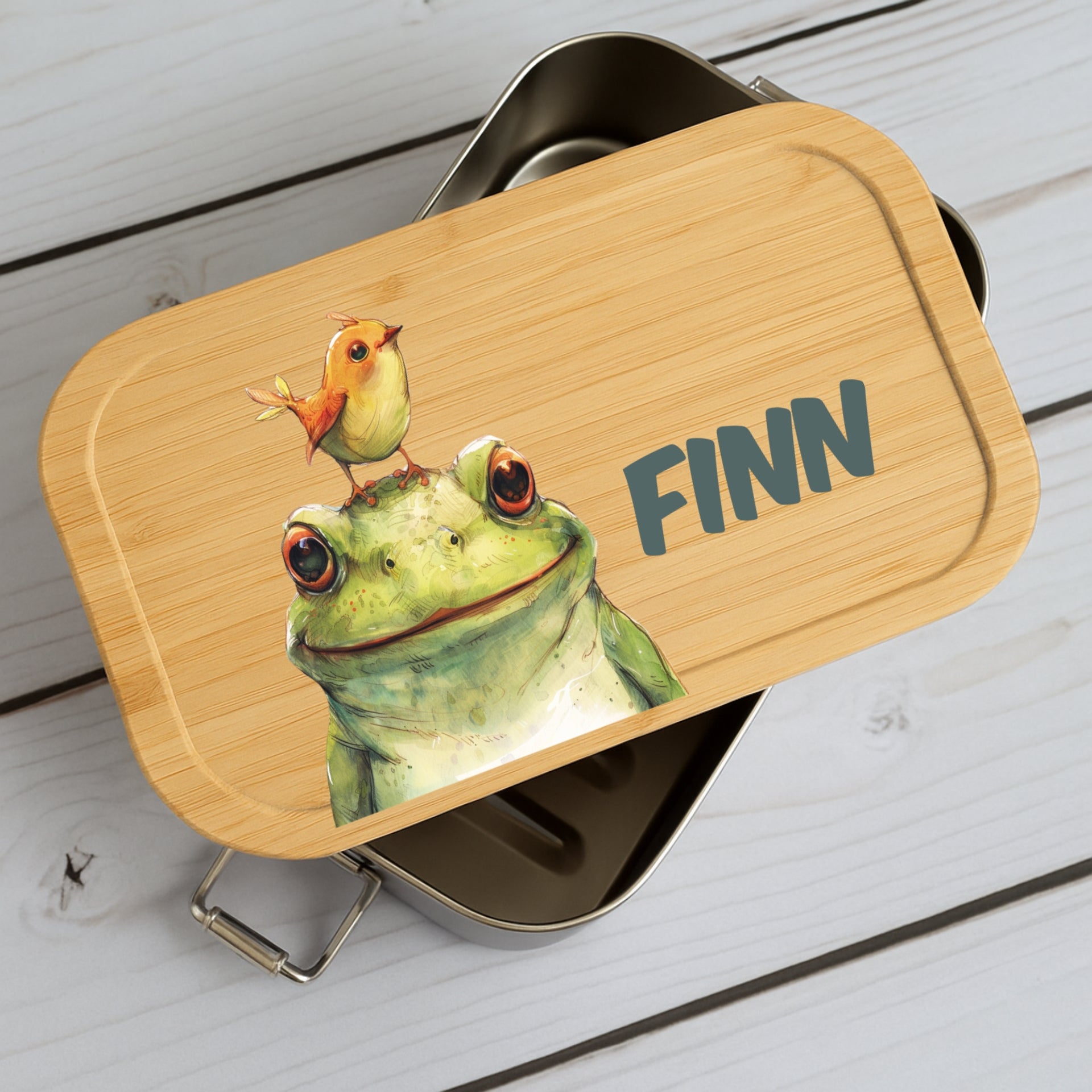 Brotdose Metall mit Holzdeckel und Tiermotive