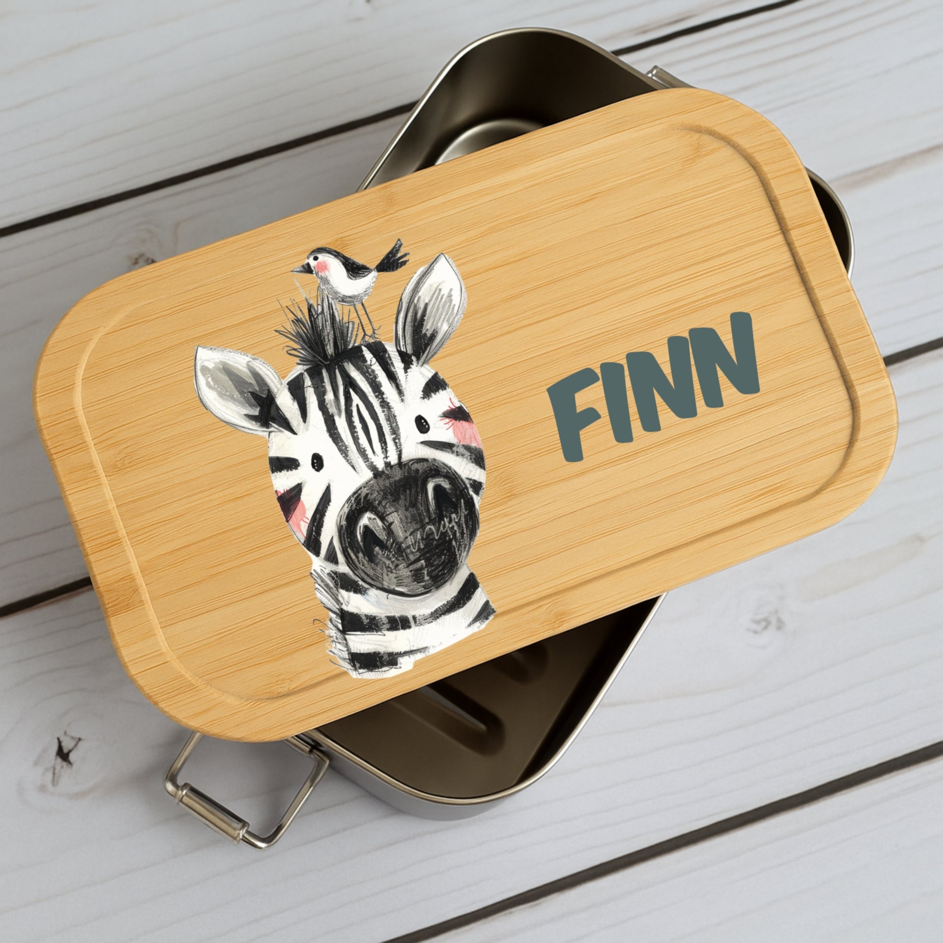 Brotdose Metall mit Holzdeckel und Tiermotive