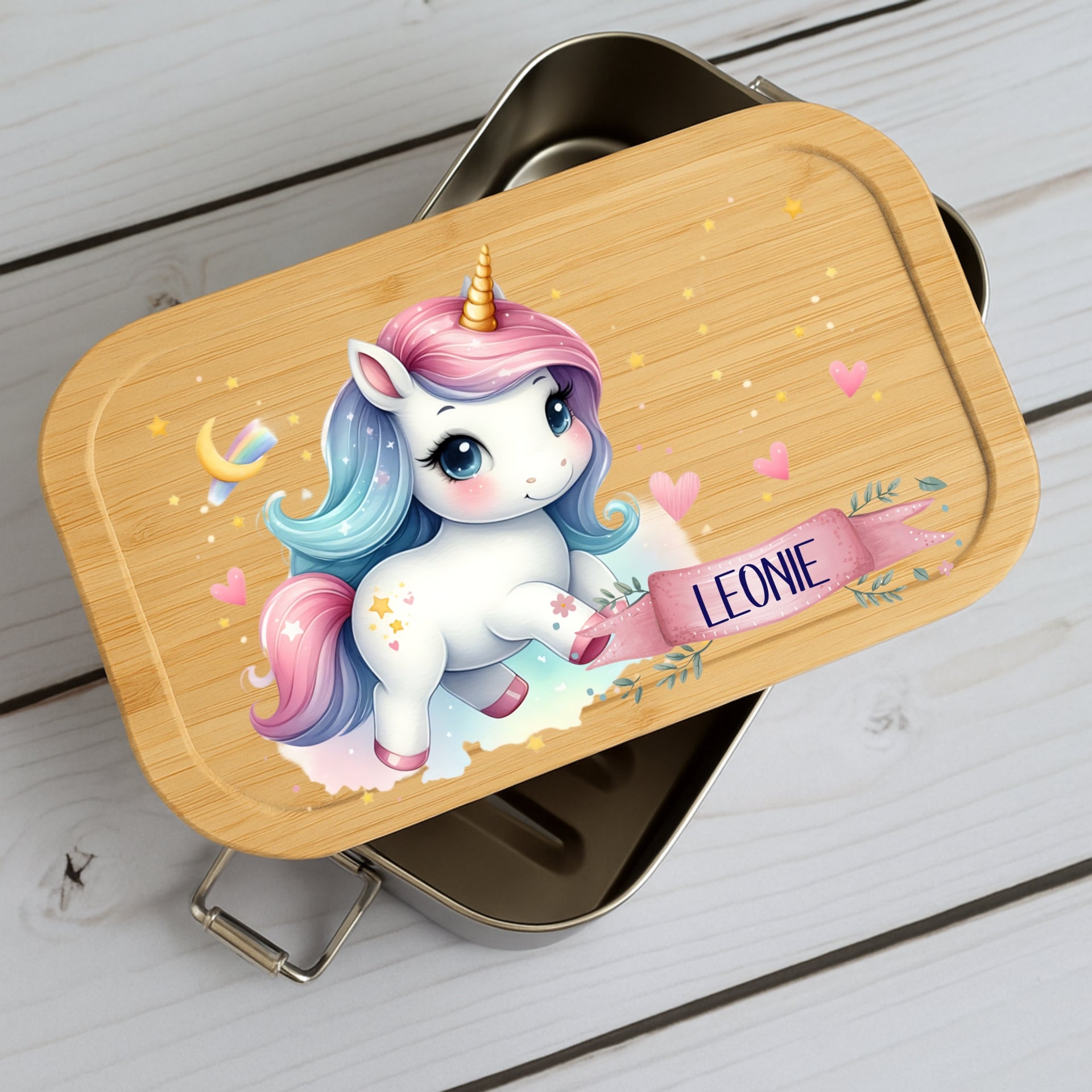 Brotdose Kinder Einhorn – Lunchbox mit Bambusdeckel & Name
