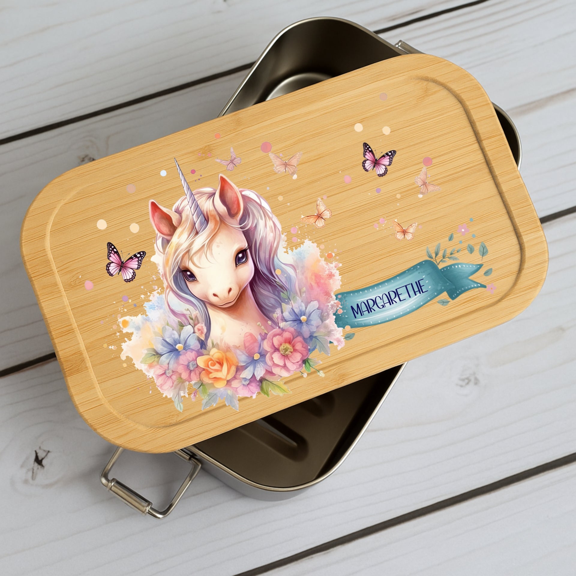 Brotdose Kinder Einhorn – Lunchbox mit Bambusdeckel & Name