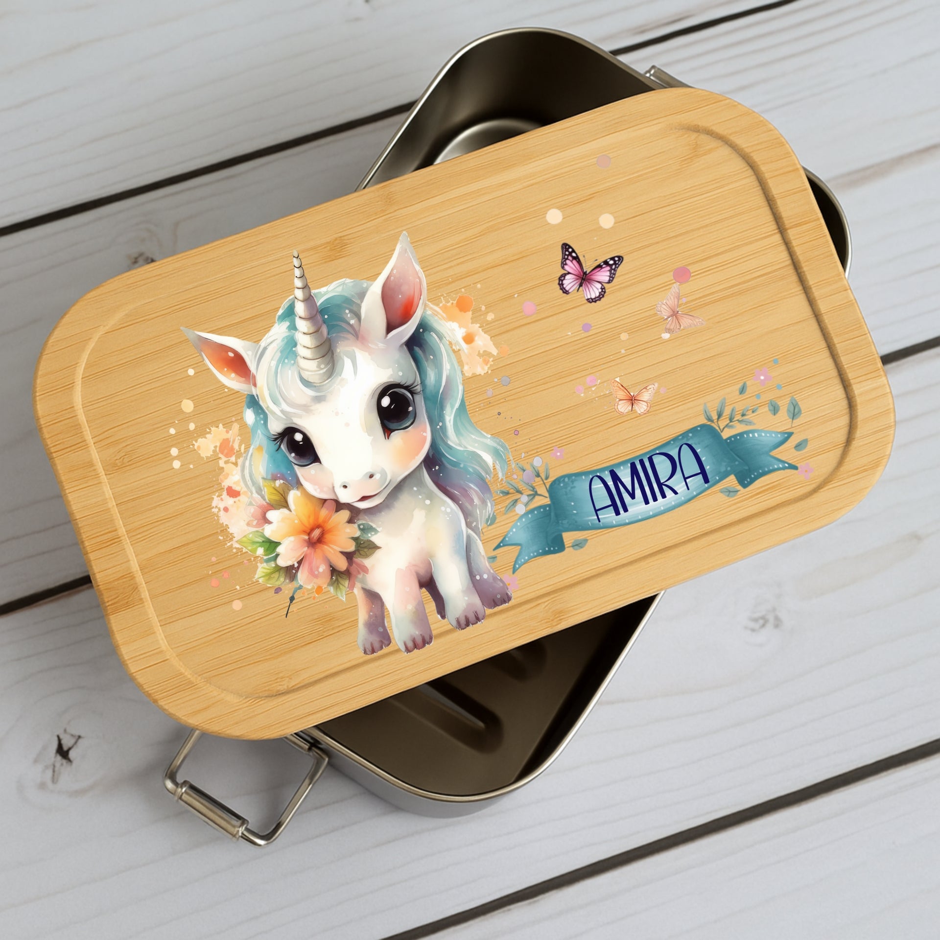 Brotdose Kinder Einhorn – Lunchbox mit Bambusdeckel & Name