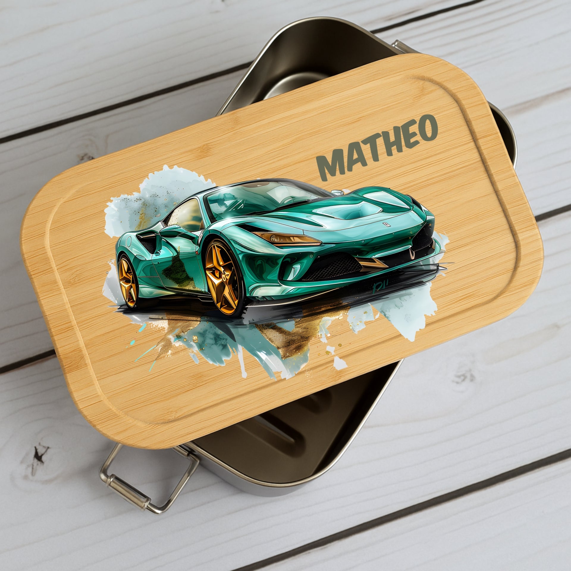 Brotdose Kinder Auto – Lunchbox mit Bambusdeckel & Name
