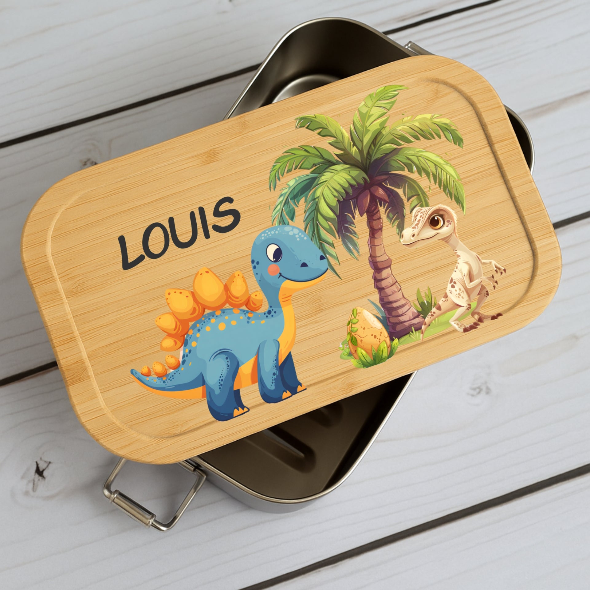 Brotdose Kinder Dino – Lunchbox mit Bambusdeckel & Name