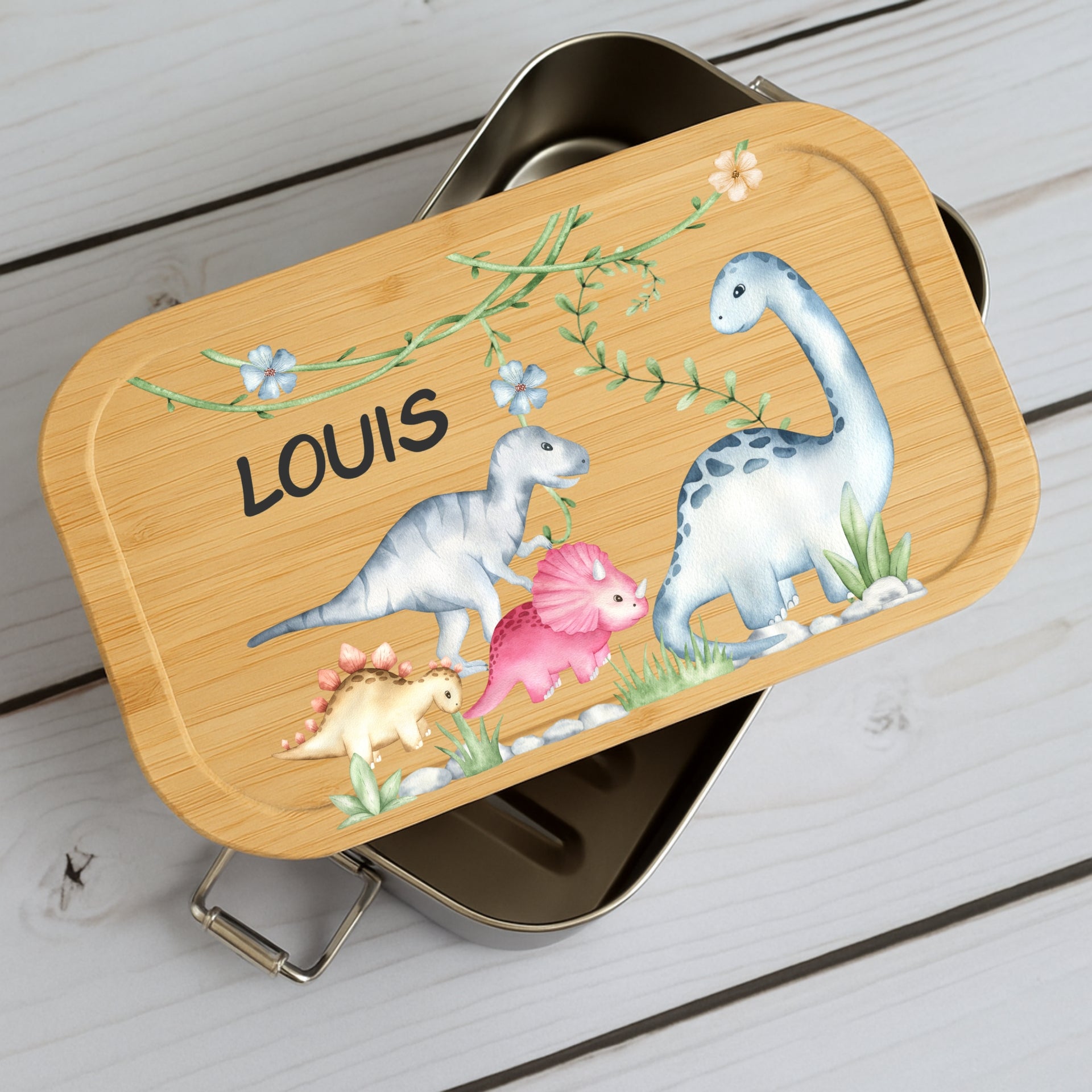Brotdose Kinder Dino – Lunchbox mit Bambusdeckel & Name