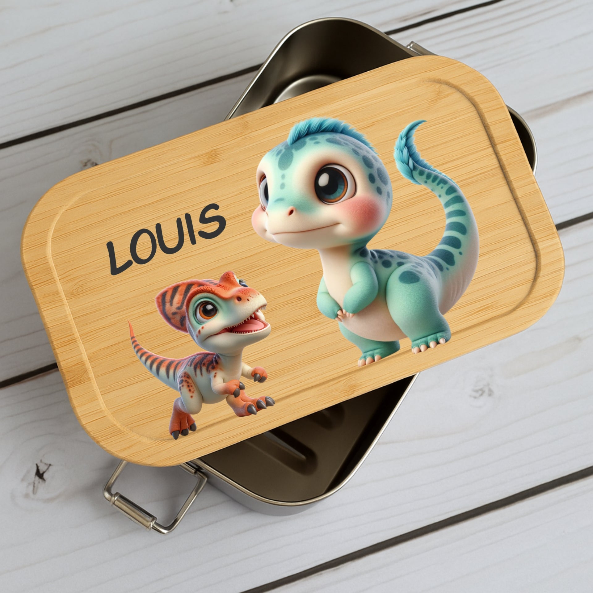 Brotdose Kinder Dino – Lunchbox mit Bambusdeckel & Name