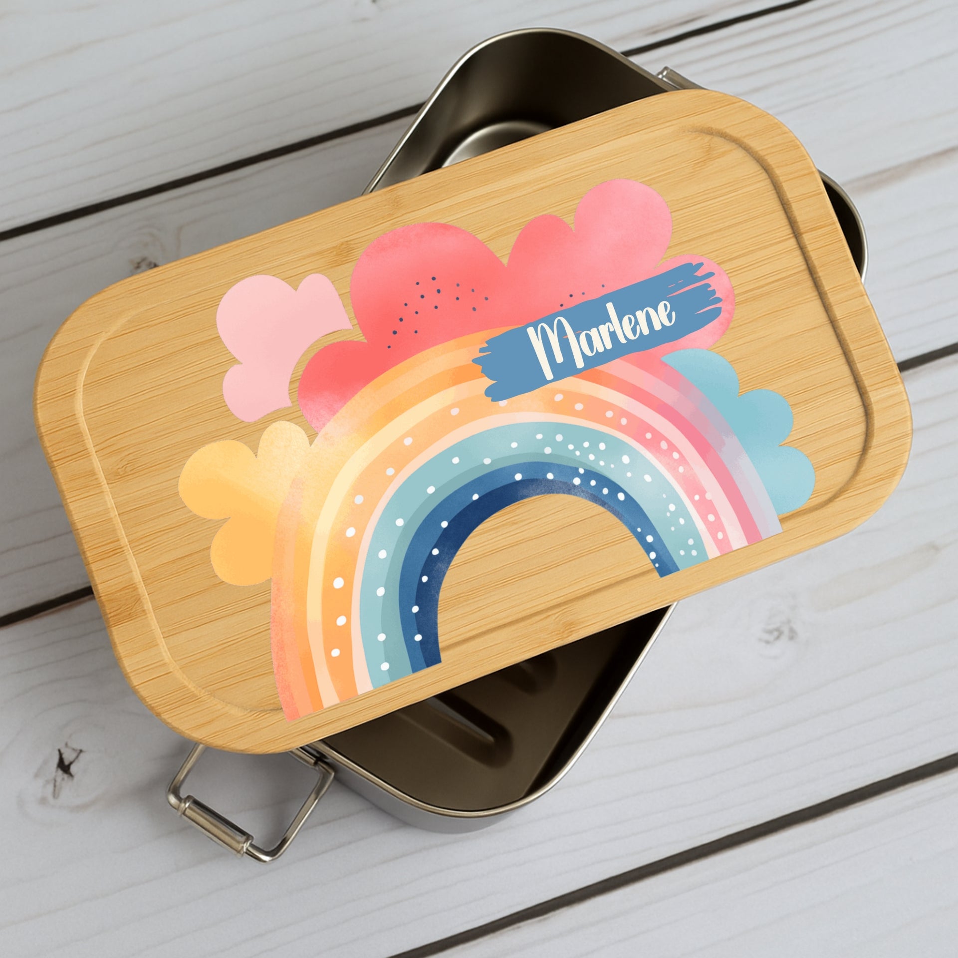 Brotdose Kinder Regenbogen – Lunchbox mit Bambusdeckel & Name
