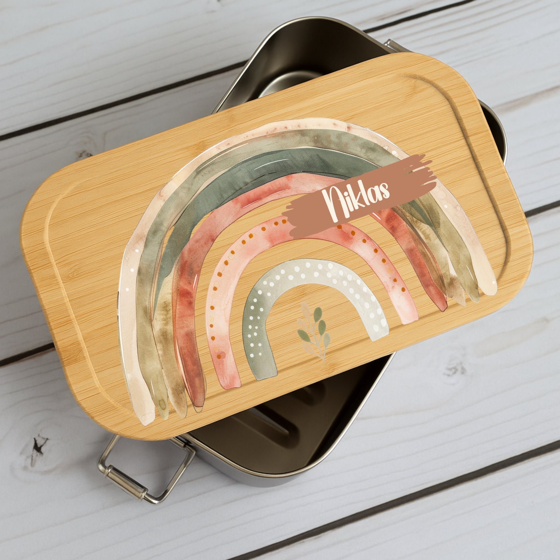 Brotdose Kinder Regenbogen – Lunchbox mit Bambusdeckel & Name