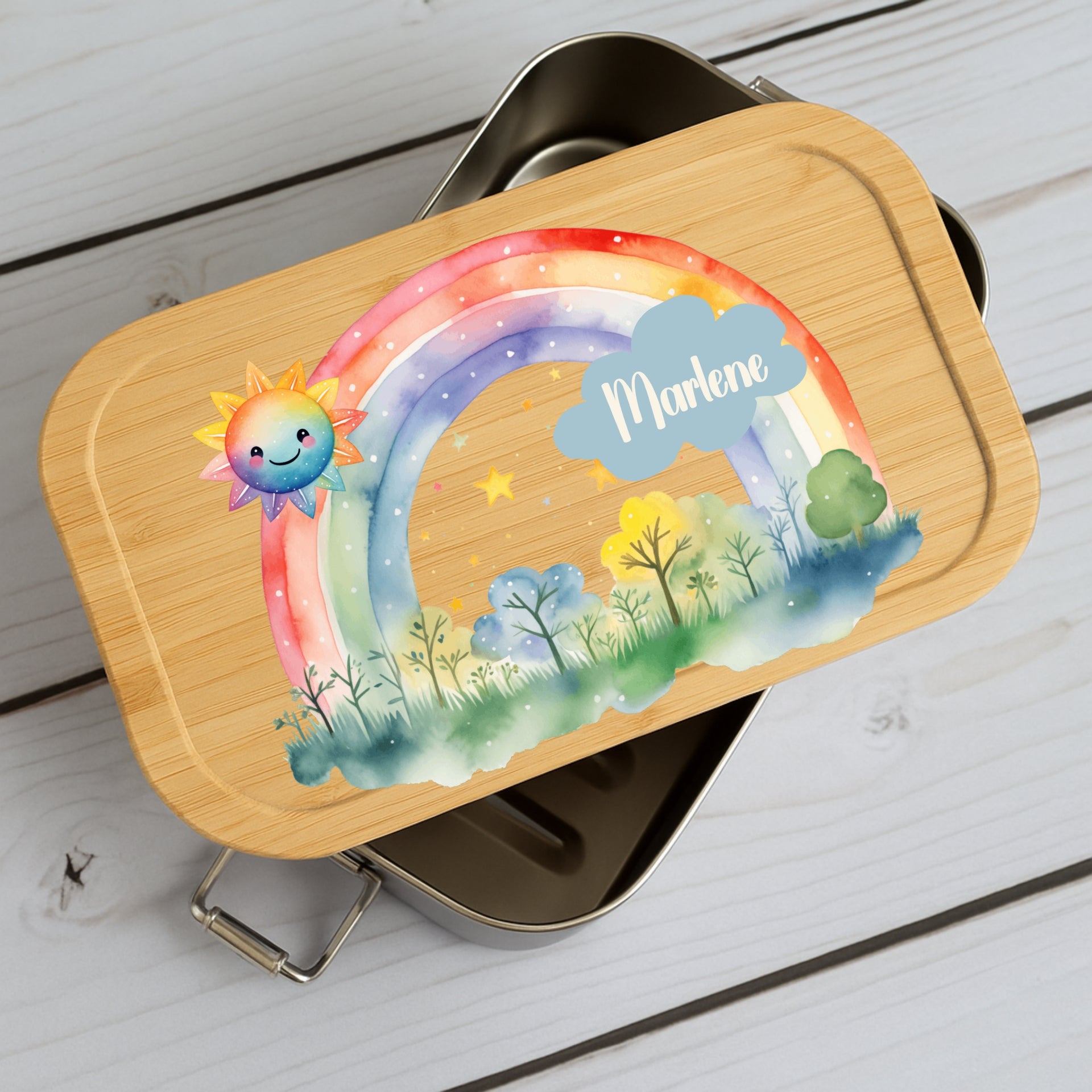 Brotdose Kinder Regenbogen – Lunchbox mit Bambusdeckel & Name