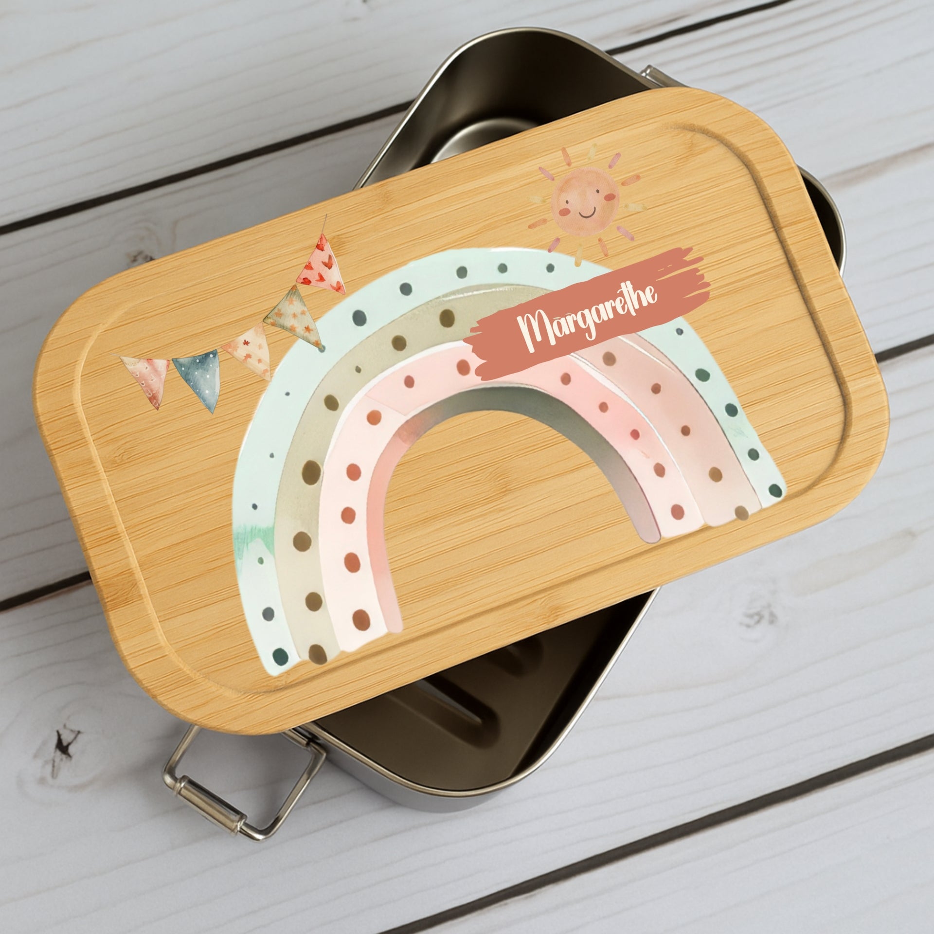 Brotdose Kinder Regenbogen – Lunchbox mit Bambusdeckel & Name