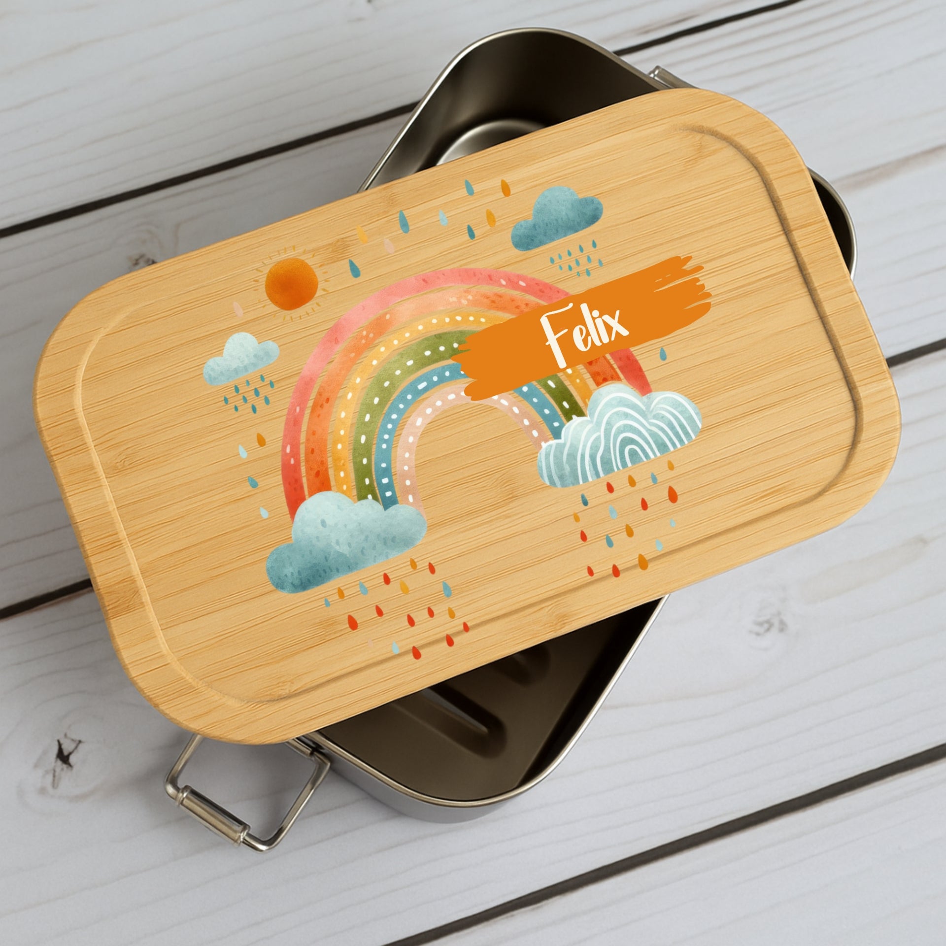 Brotdose Kinder Regenbogen – Lunchbox mit Bambusdeckel & Name