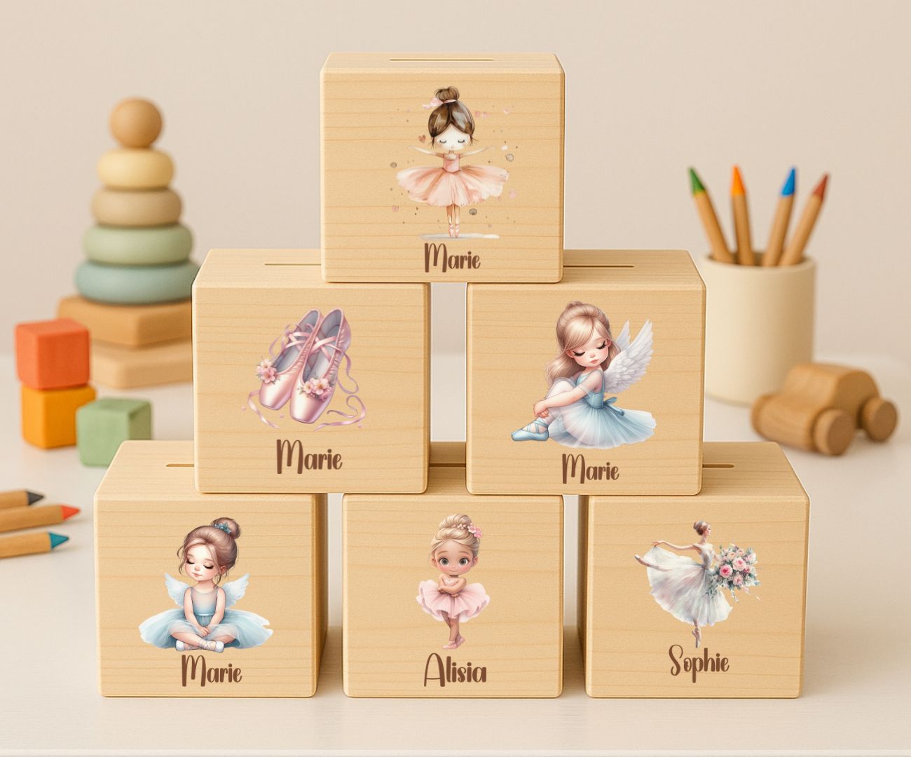 Personalisierte Holz Spardose für Kinder – Ballerina Motiv mit Namen – Geschenk Mädchen