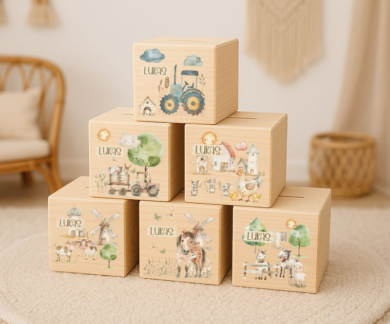 Personalisierte Holz Spardose für Kinder – Bauernhof Motiv mit Traktor und Tieren – Geschenk mit Namen