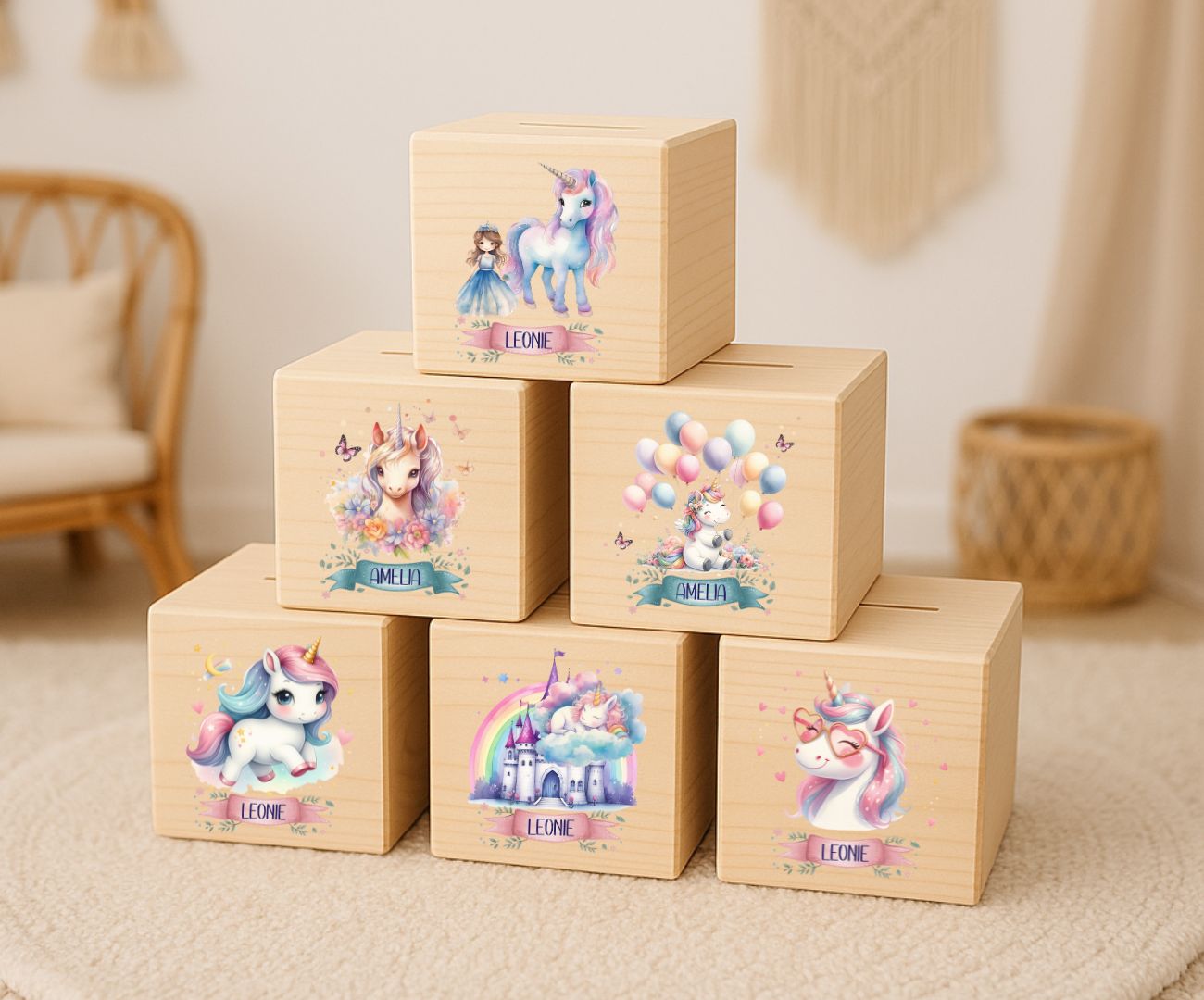 Personalisierte Holz Spardose für Kinder – Einhorn Motiv mit Namen – Geschenk Mädchen