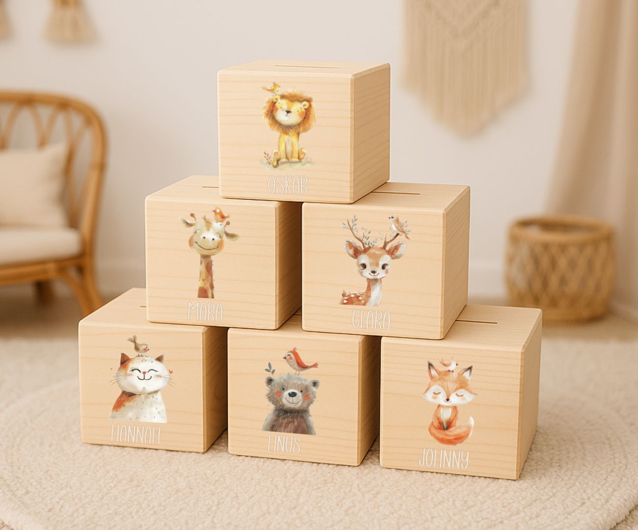 Personalisierte Holz Spardose für Kinder – Beige Tiermotive mit Namen – Geschenk Jungen & Mädchen