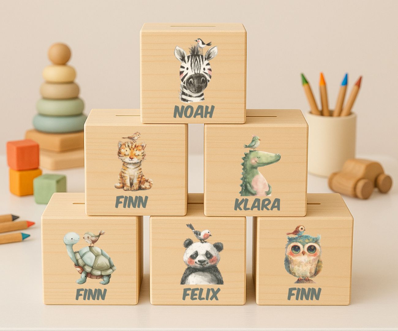 Personalisierte Holz Spardose für Kinder – Bunte Tiermotive mit Namen – Geschenk Jungen & Mädchen
