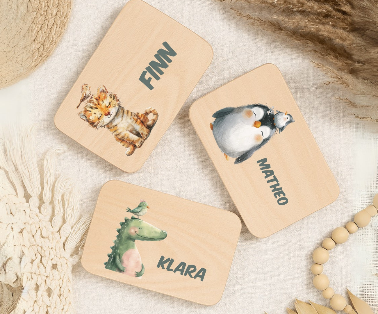 Personalisierte Frühstücksbrettchen Kinder – Bunte Tiermotive mit Name