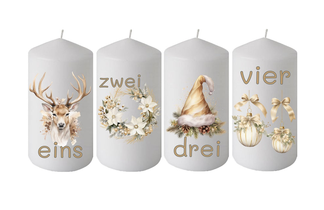 4 adventliche Kerzen mit weihnachtlichen Motiven und passenden Zahlen