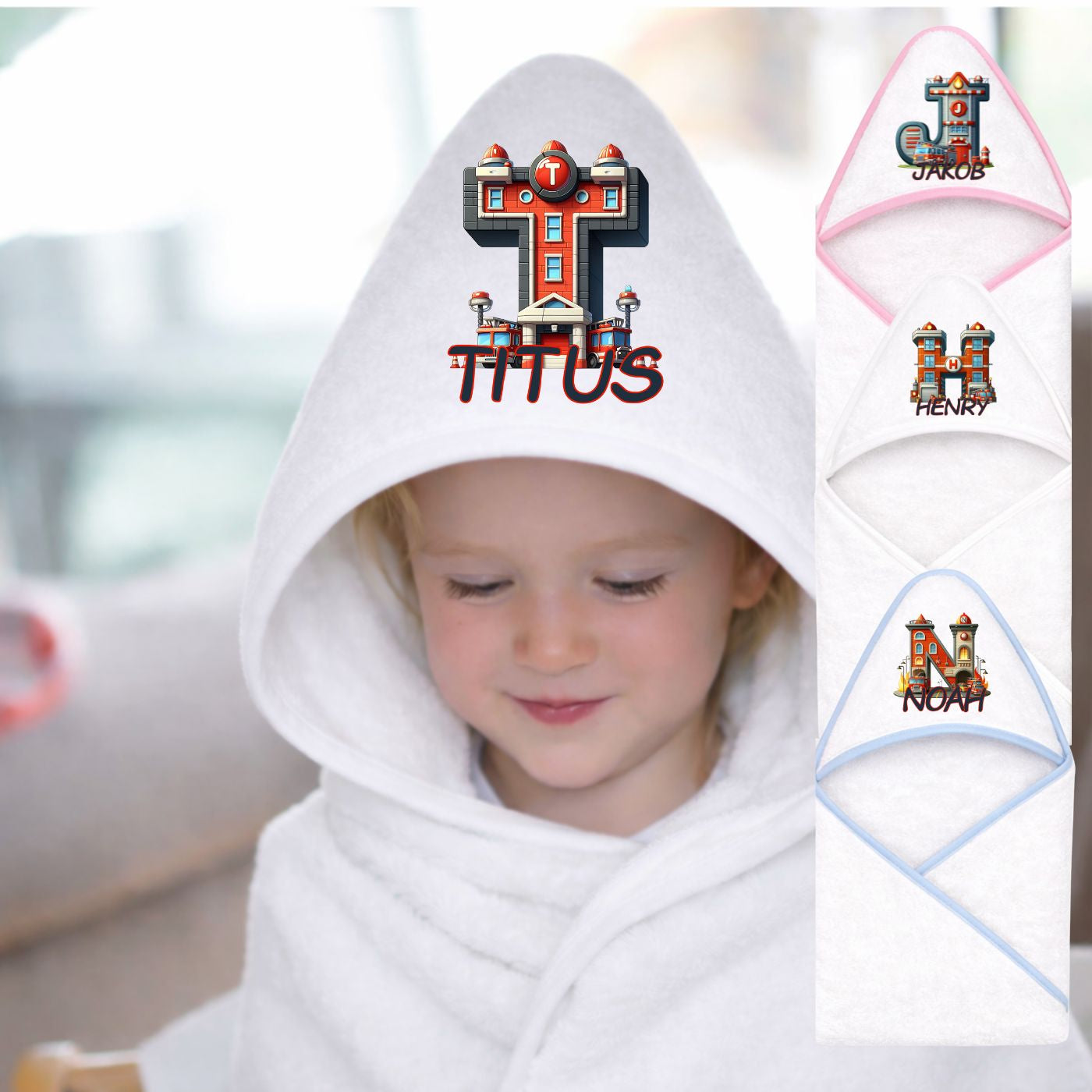Kapuzenhandtuch Baby personalisiert mit Feuerwehr Motiven und Namen