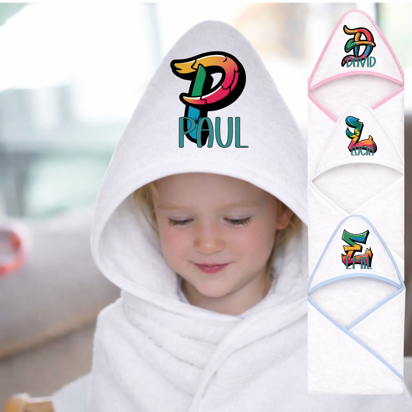 Baby Handtuch mit Kapuze personalisiert aus Baumwolle im Graffiti Design