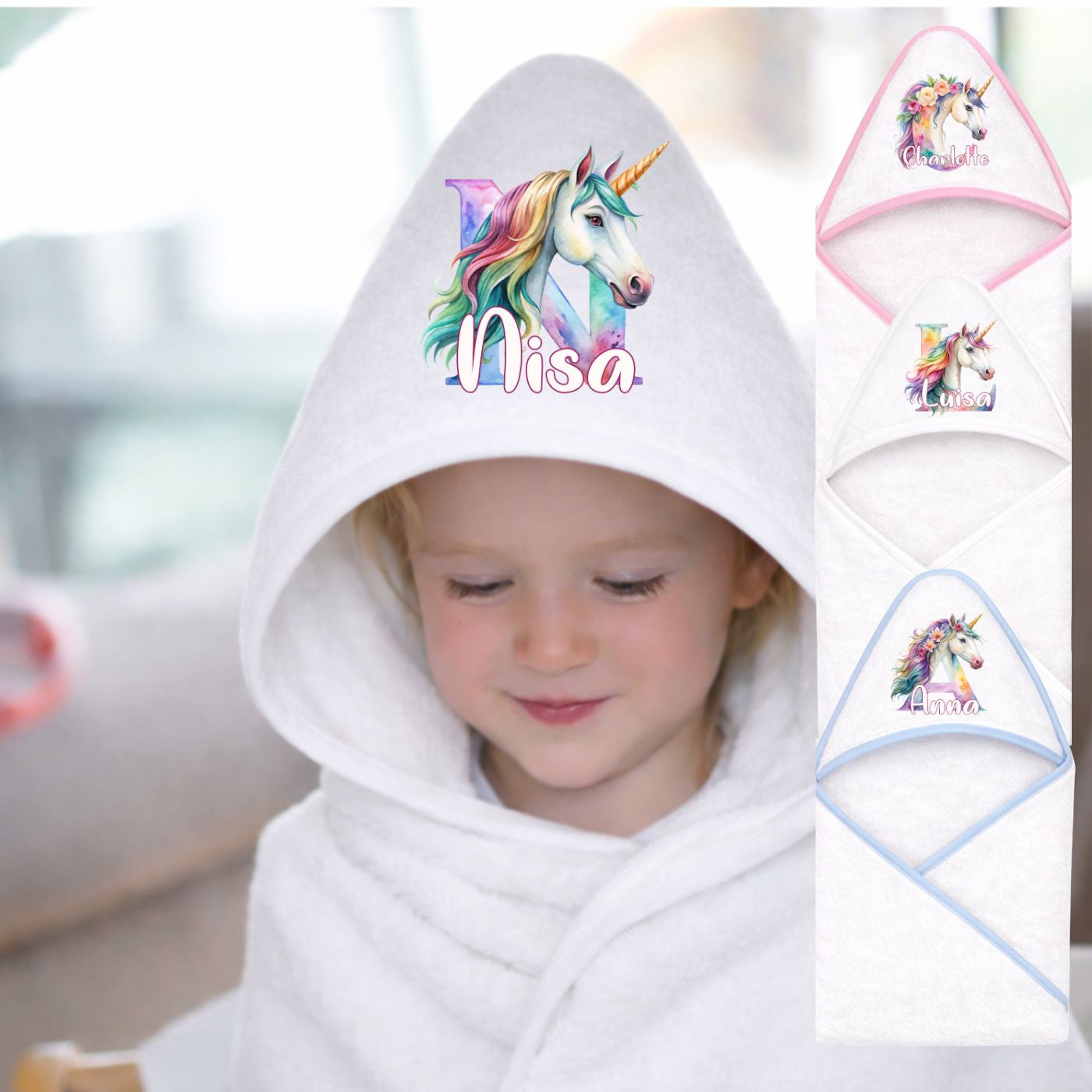 Personalisiertes Baby Badetuch mit Kapuze Einhorn Geschenk zur Geburt