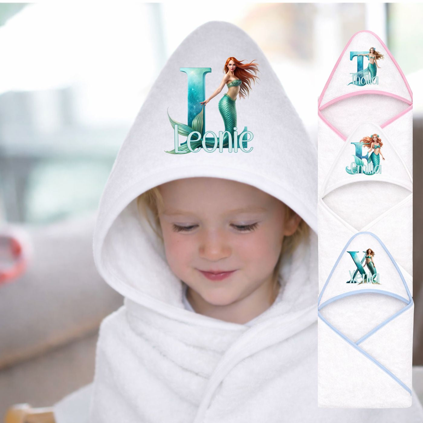 Kapuzenhandtuch Baby personalisiert mit Meerjungfrau Motiv und Namen