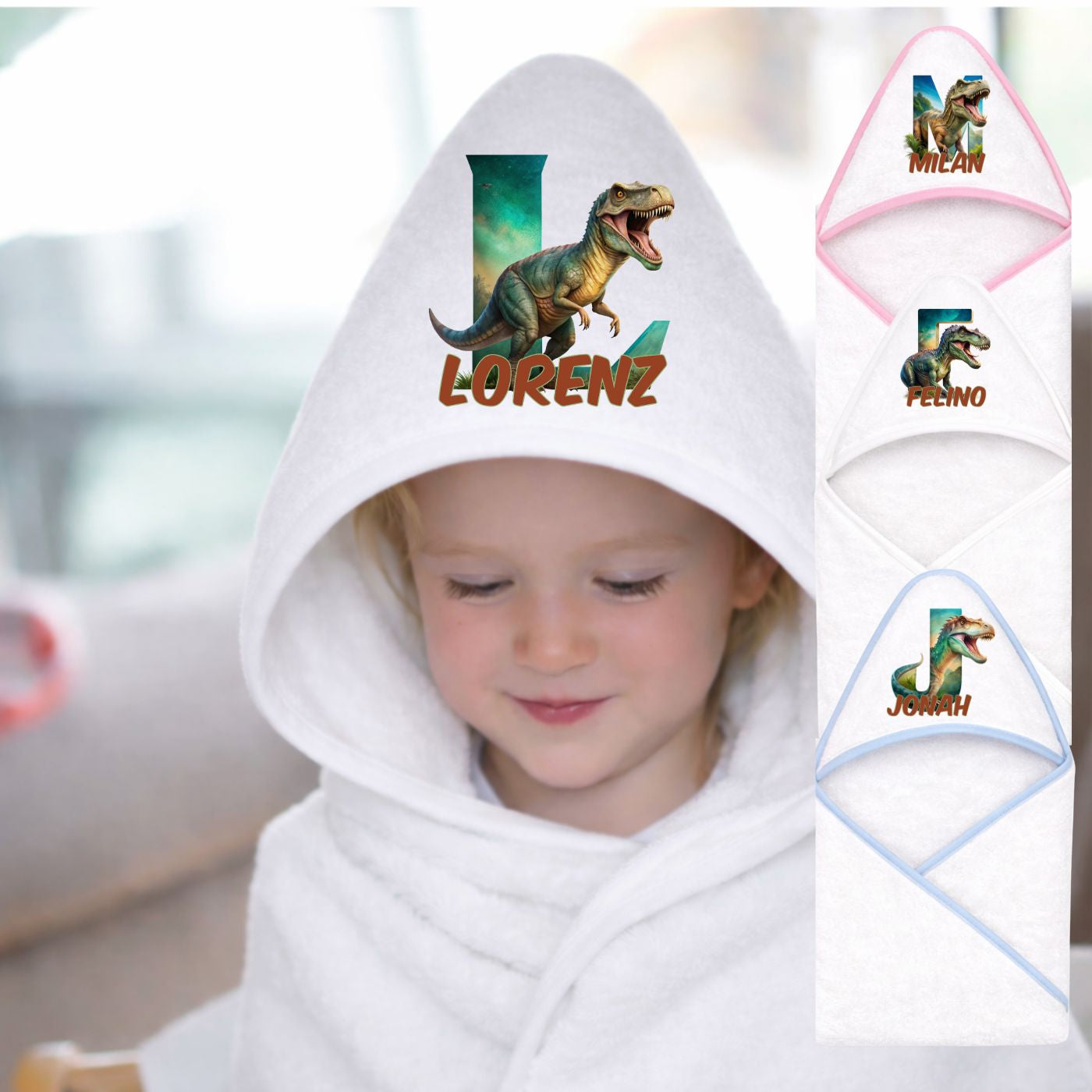 Kapuzenhandtuch Baby personalisiert mit T-Rex Motiven und Namen