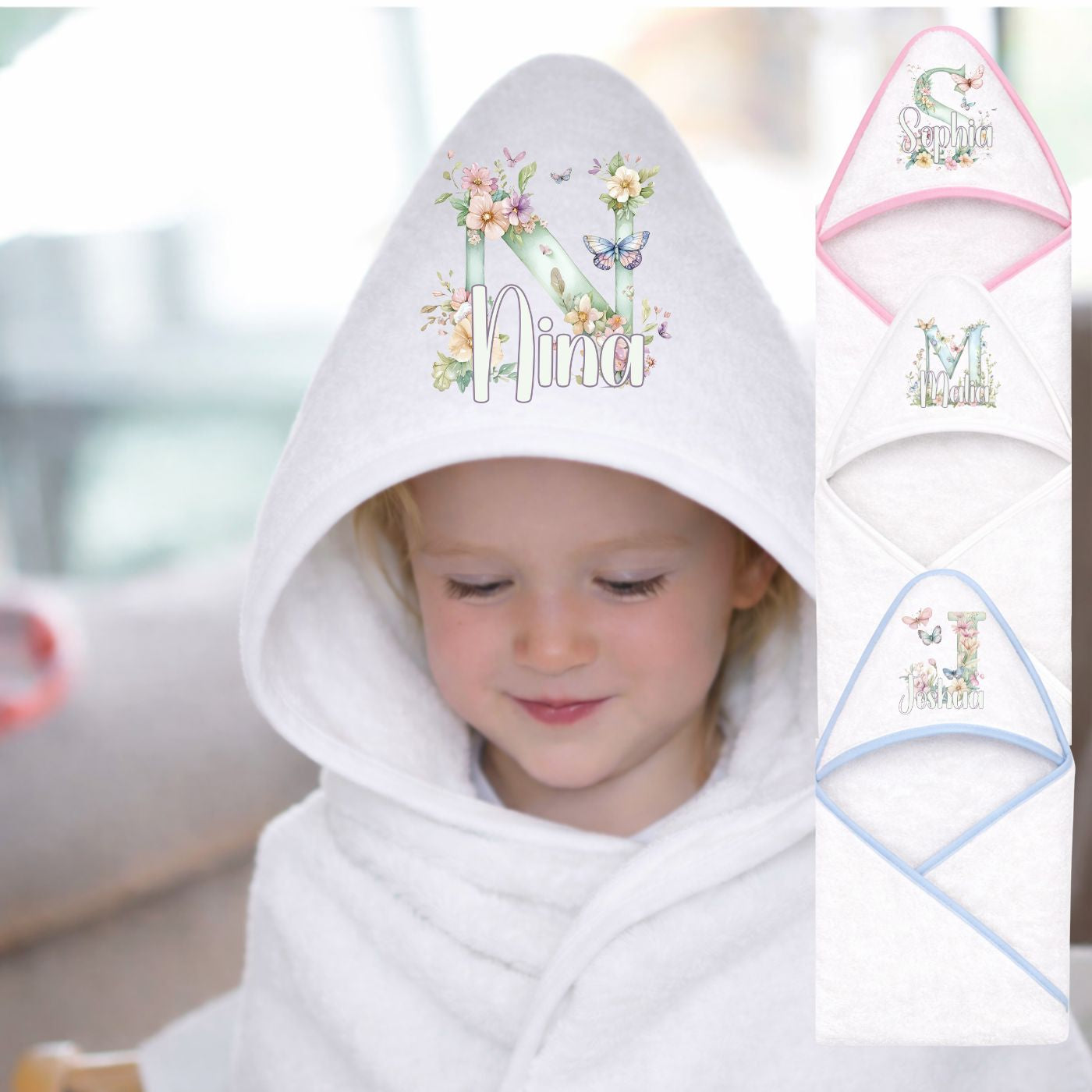 Kapuzenhandtuch Baby personalisiert mit Blume Buchstabe Motiv und Namen