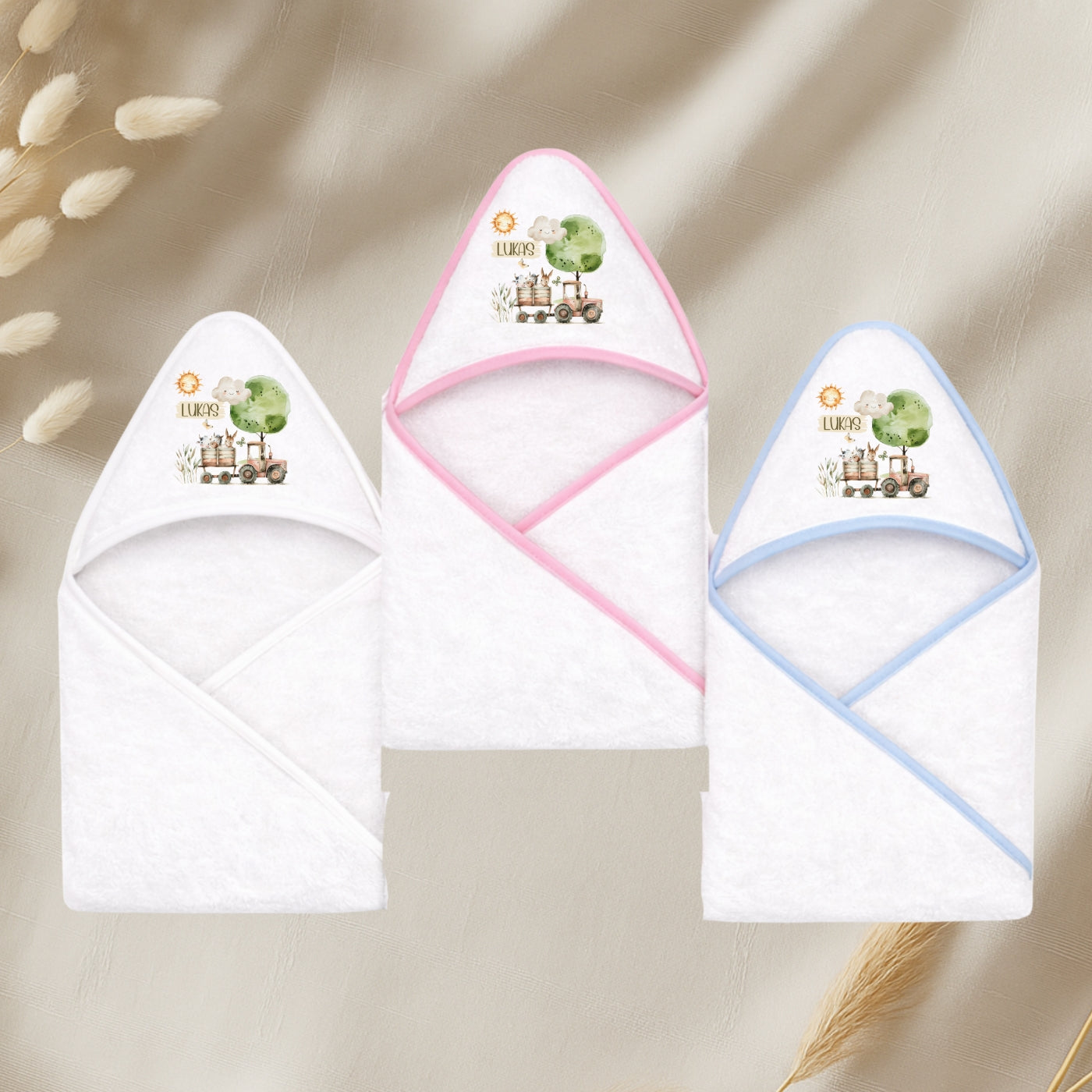 Kapuzenhandtuch Baby personalisiert – Bauernhof mit Namen