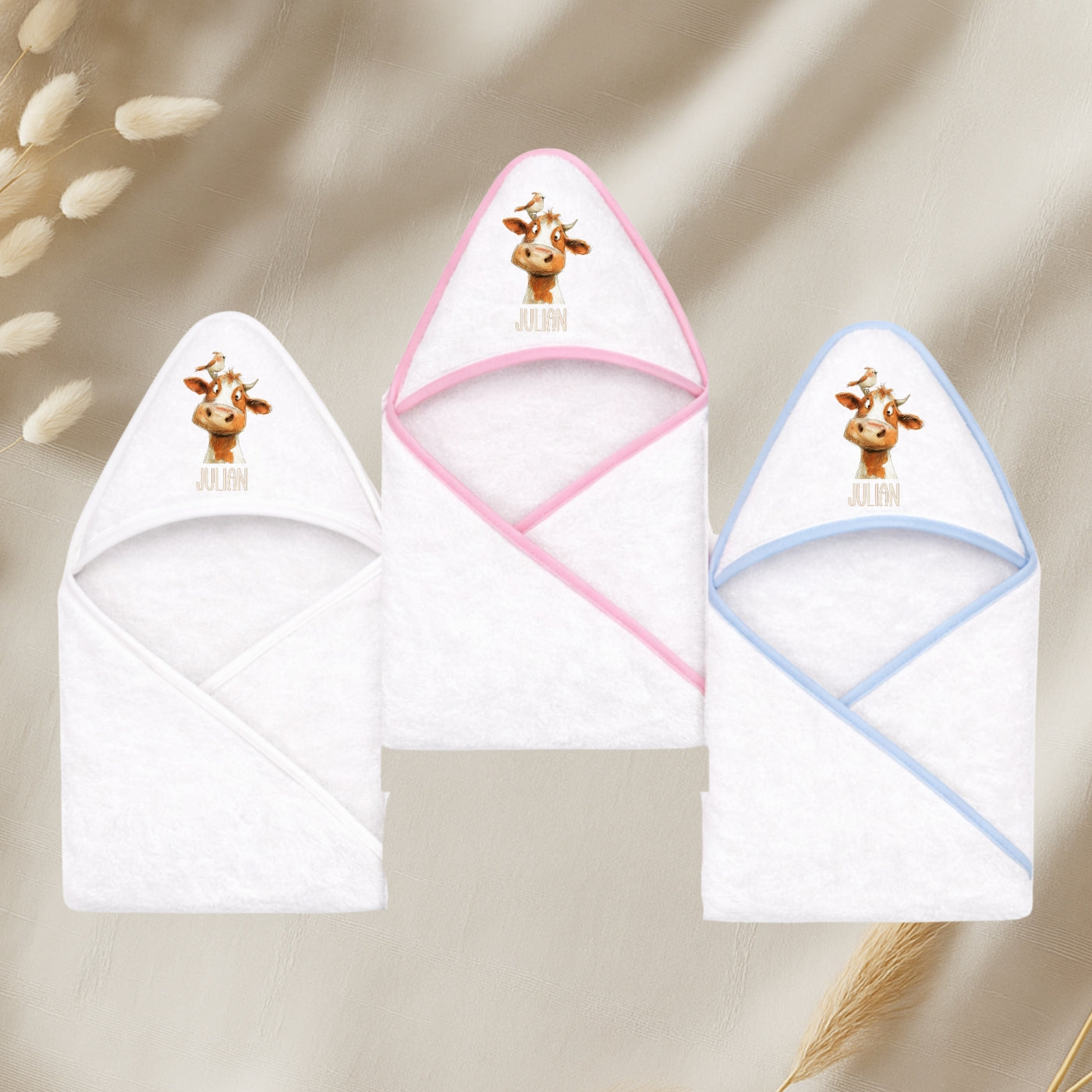 Kapuzenhandtuch Baby personalisiert – Tiere Beige mit Namen