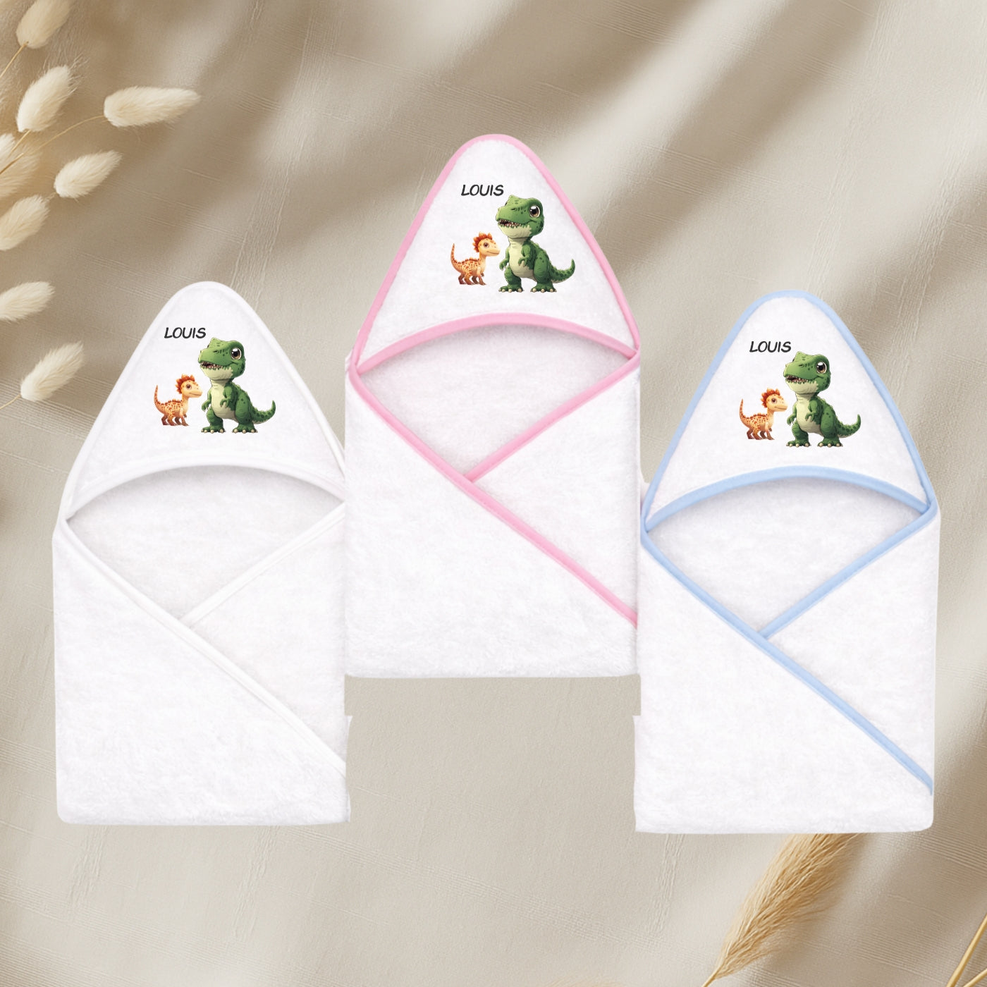 Kapuzenhandtuch Baby personalisiert mit Dino Motiv und Namen