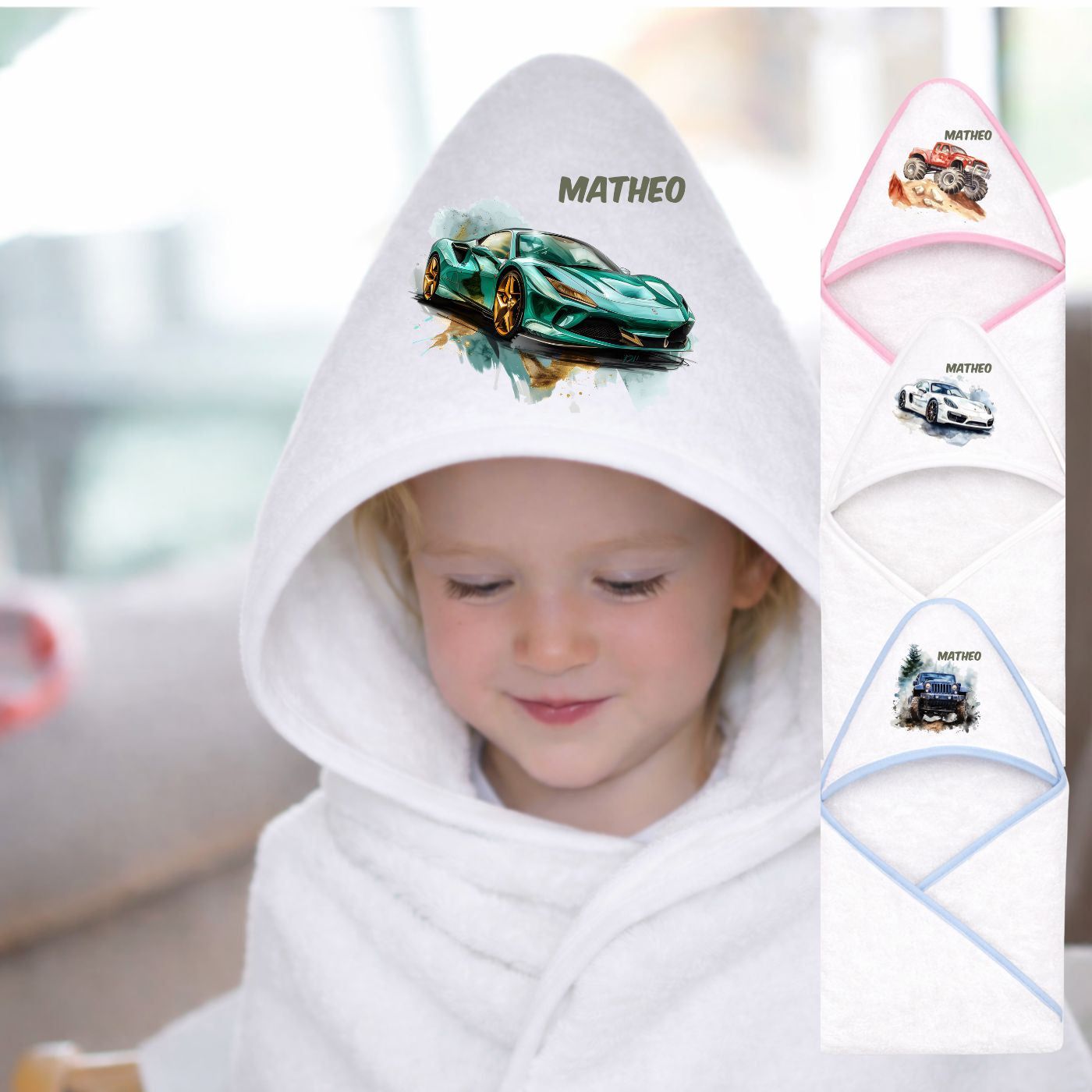 Kapuzenhandtuch Baby Personalisiert mit Auto Motiv und Namen