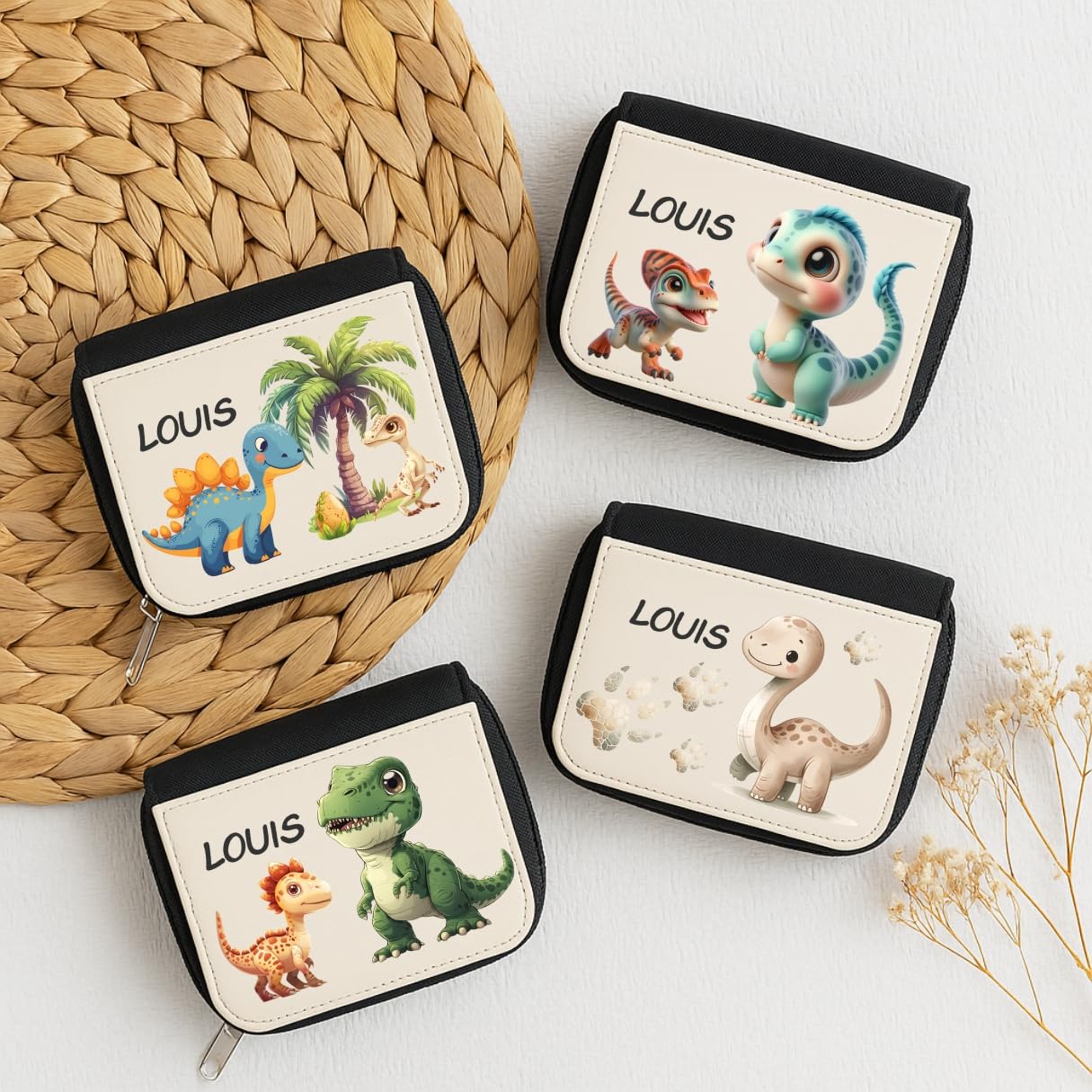 Personalisierte Kinder-Geldbörse mit Dinosaurier-Motiven – T-Rex, Stegosaurus, Brontosaurus
