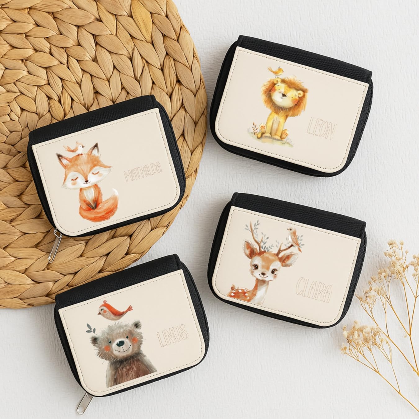 Personalisierte Kindergeldbörse mit Tiermotiven – Löwe, Fuchs, Reh, Affe, Katze