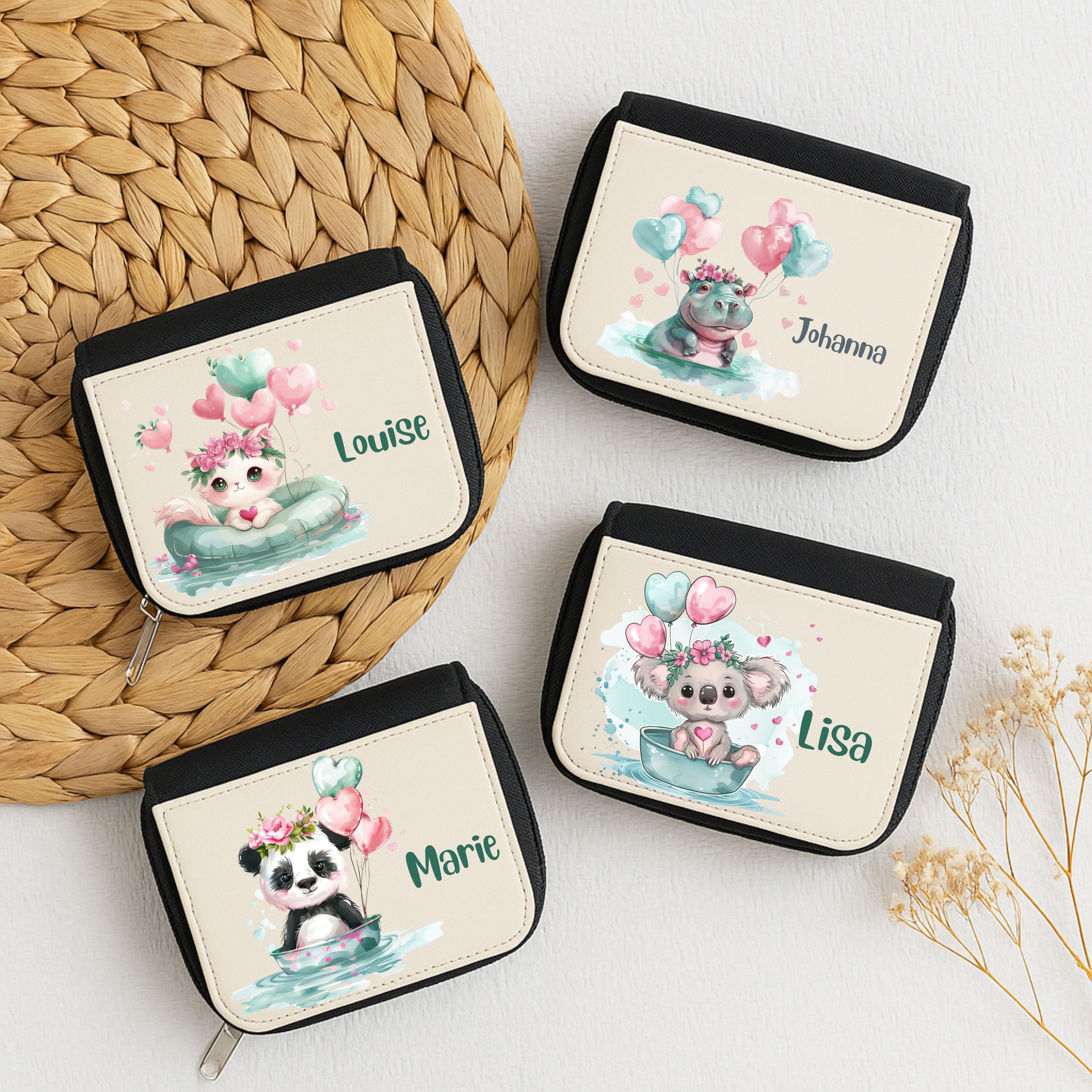 Personalisierte Kindergeldbörse mit Tiermotiv und Luftballon – Katze, Panda, Koala, Schildkröte