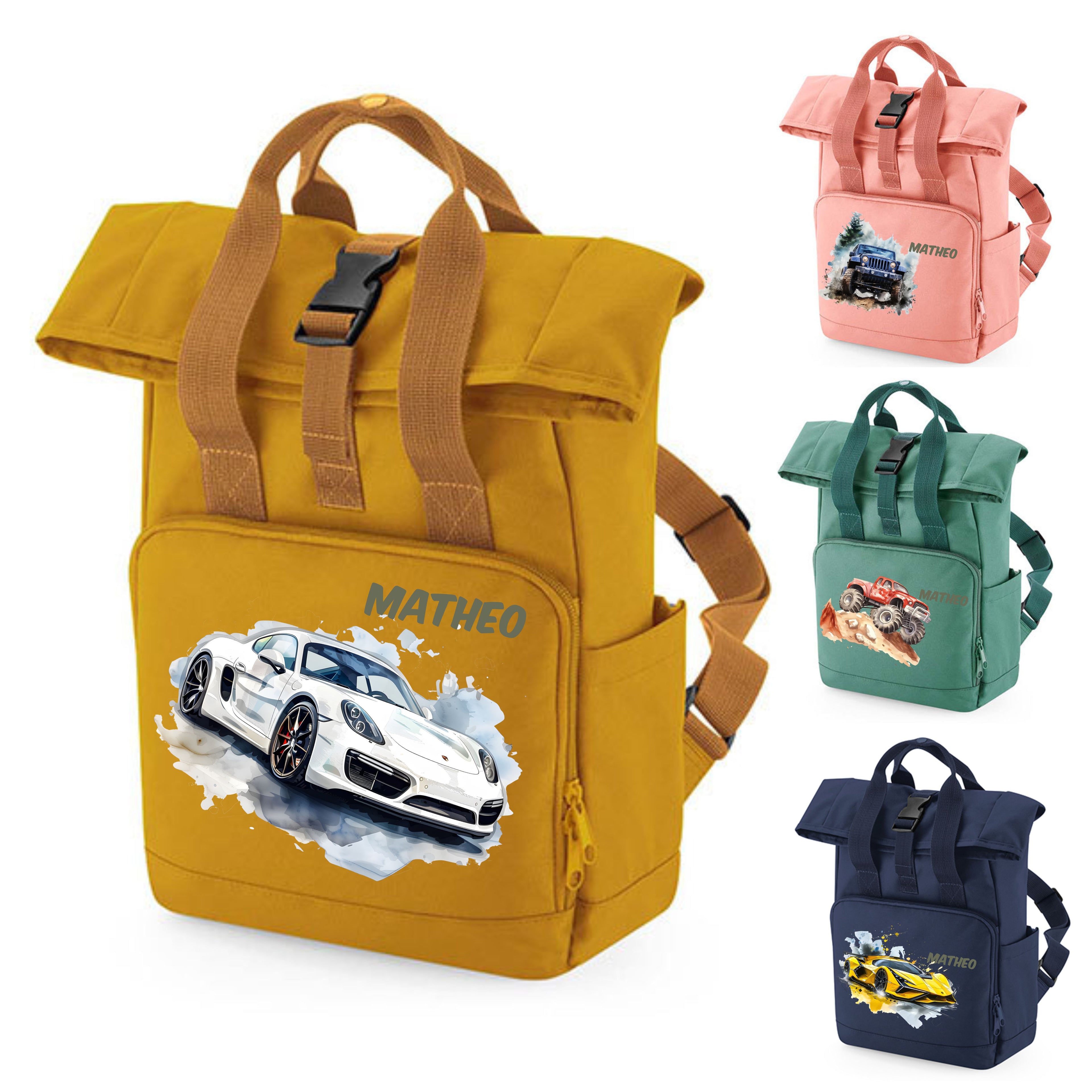 Kinderrucksack mit Rennwagen- und Auto-Motiv – personalisiert mit Namen, aus recyceltem Polyester, für Jungen in Kita & Kindergarten – wolga-kreativ