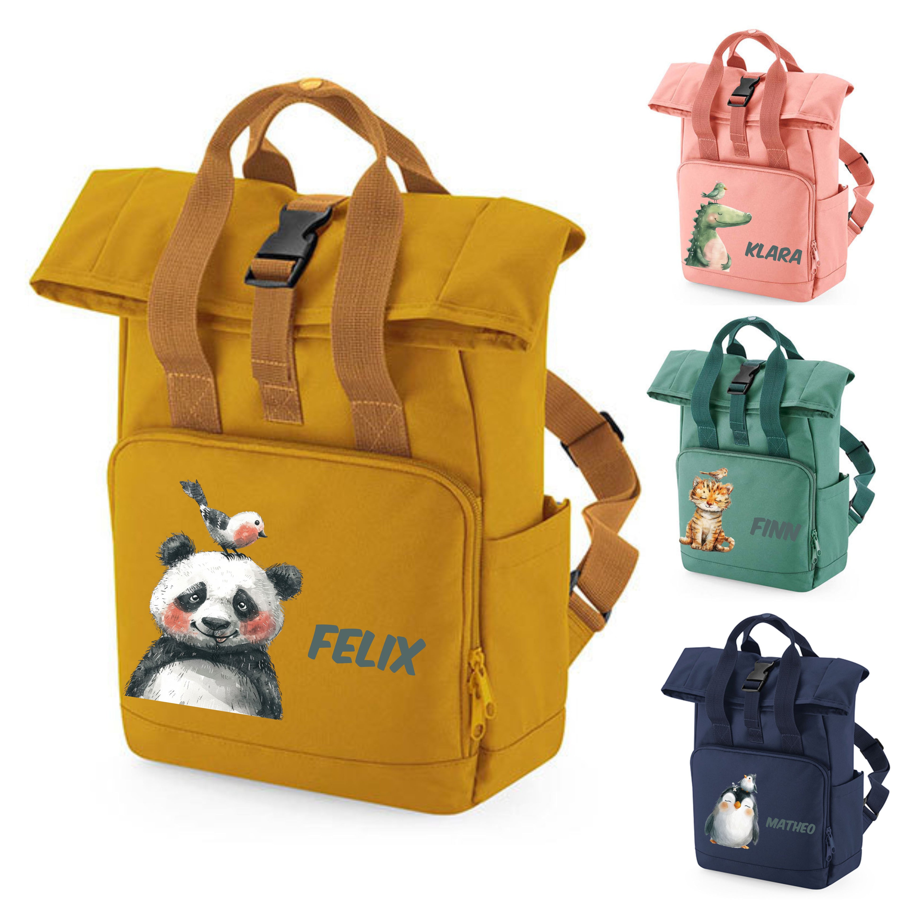 Kinderrucksack mit bunten Tiermotiven – personalisiert mit Namen, aus recyceltem Polyester, für Kindergarten und Kita – wolga-kreativ