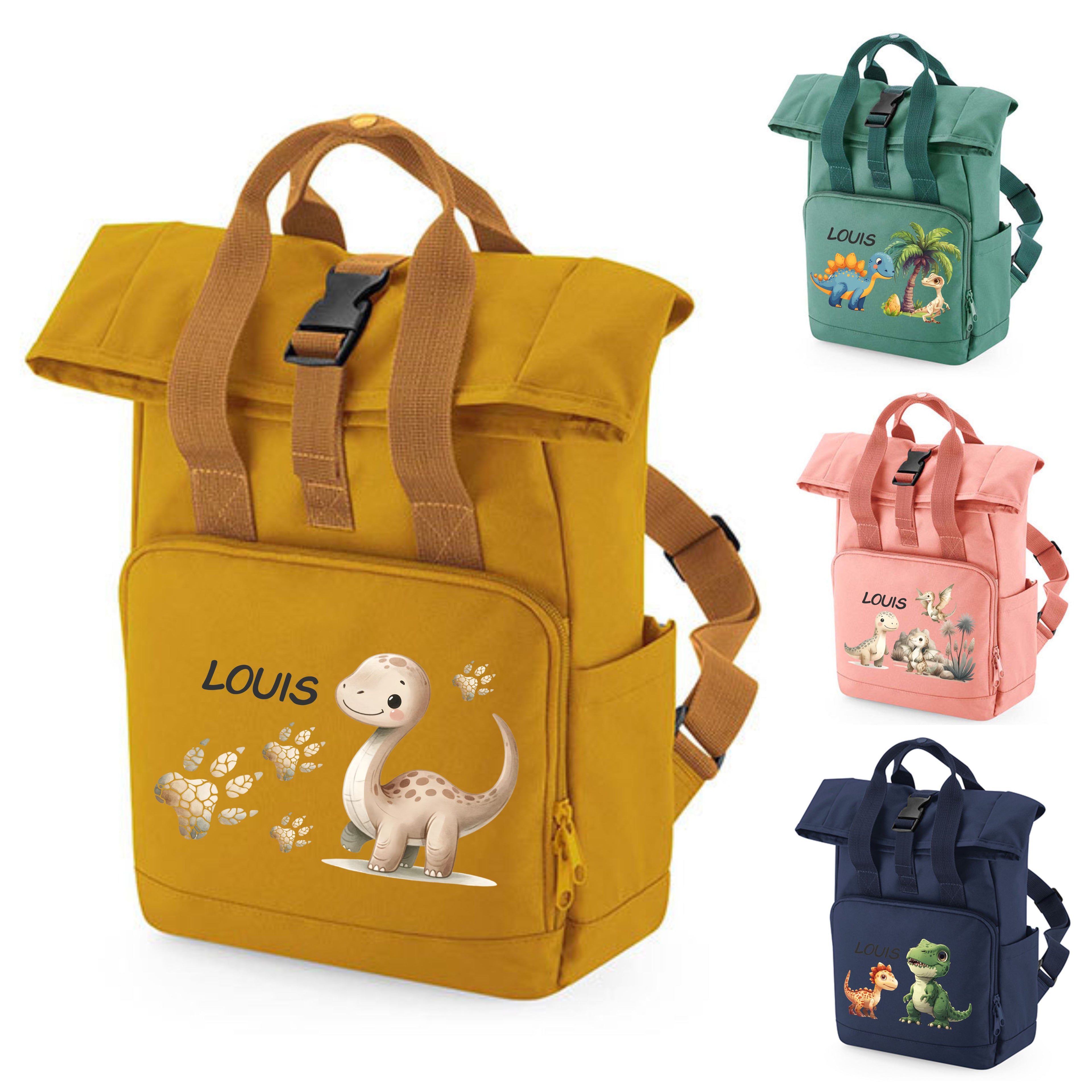 Kinderrucksack mit Dinosaurier-Motiv – personalisiert mit Namen, aus recyceltem Polyester, ideal für Kita & Kindergarten – wolga-kreativ