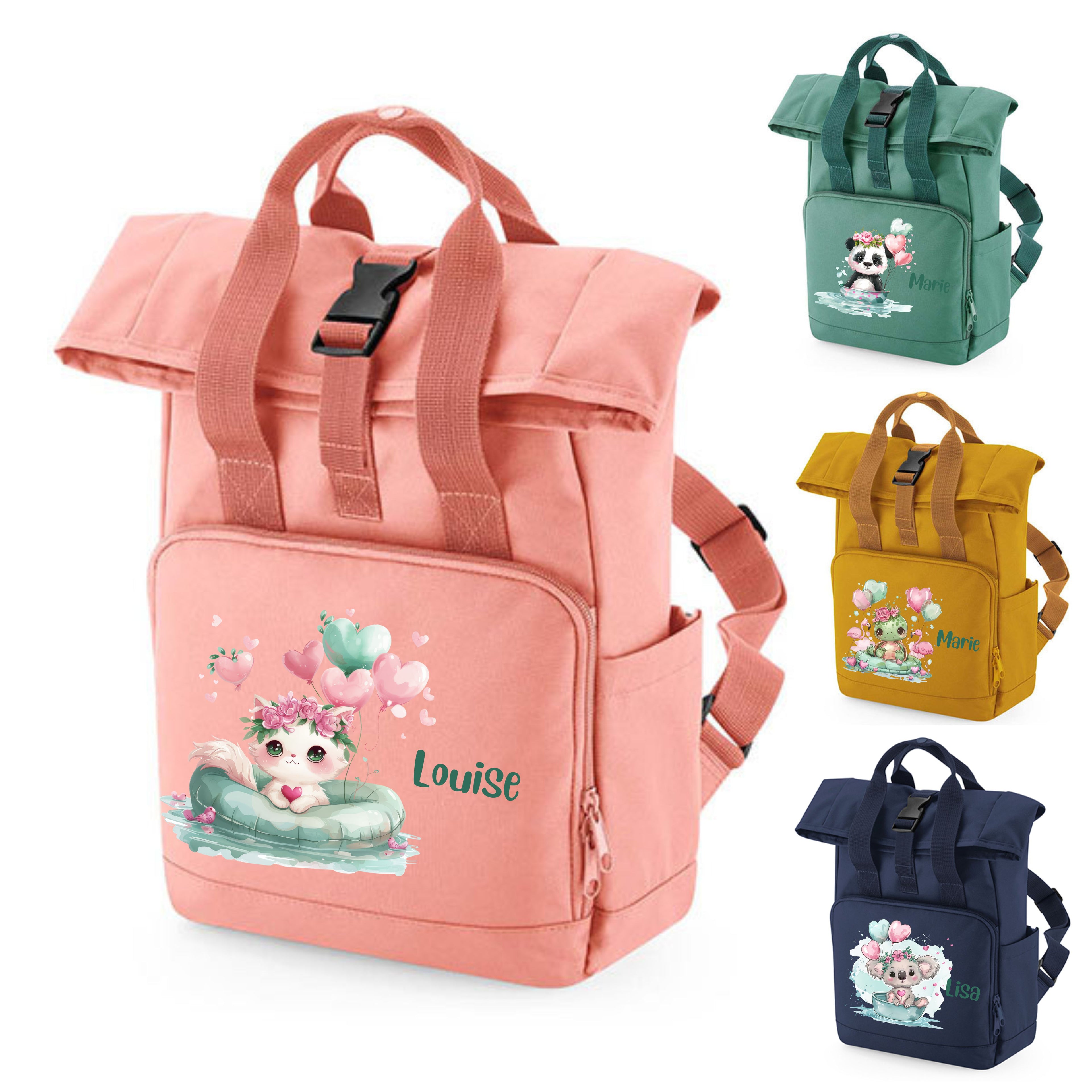 Kinderrucksack mit grünen Tieren – Panda, Schildkröte, Frosch – personalisiert mit Namen, aus recyceltem Polyester – wolga-kreativ