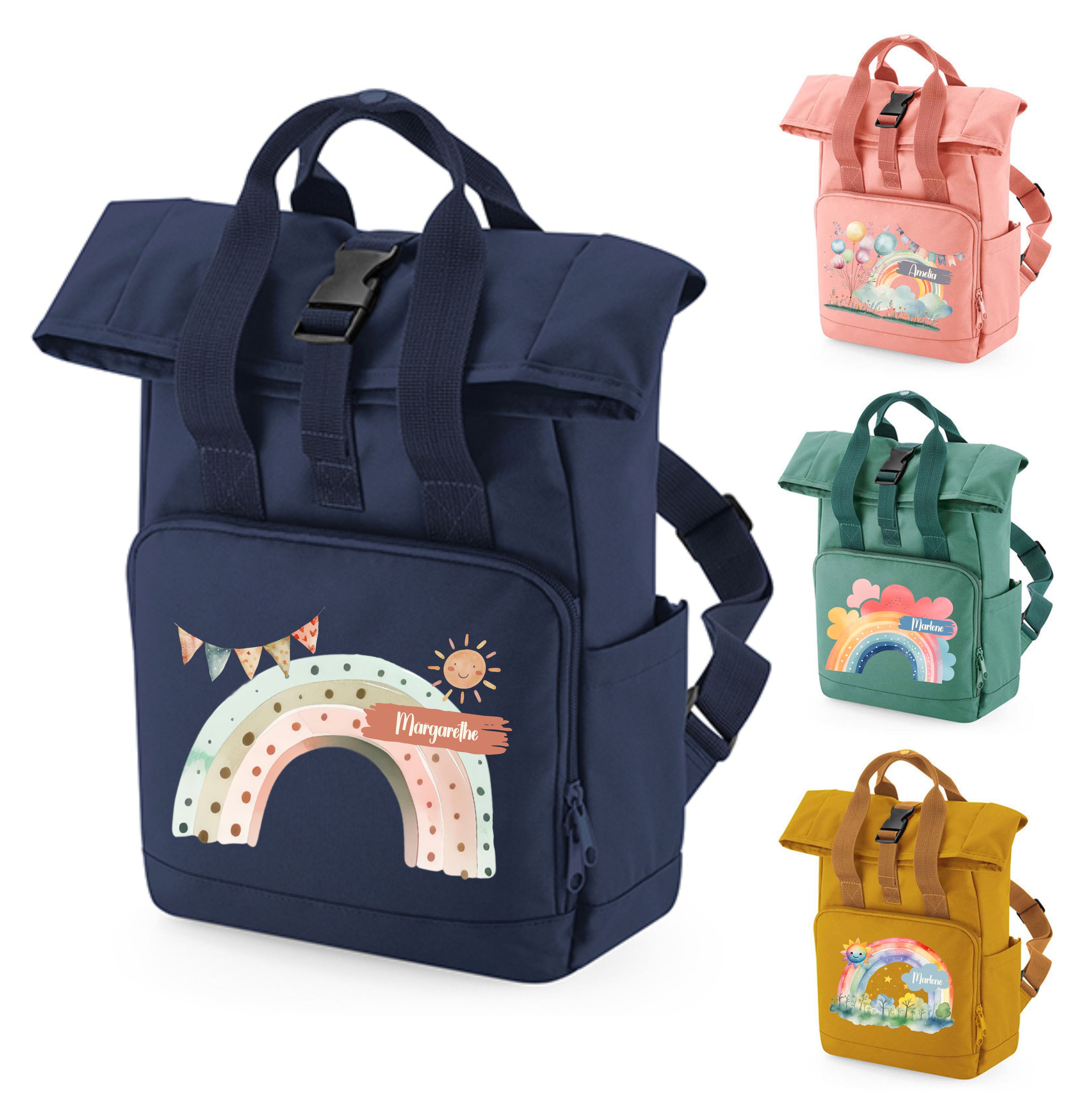 Kinderrucksack mit Regenbogen – personalisiert mit Namen, aus recyceltem Polyester, für Kinder in Kindergarten & Kita – wolga-kreativ