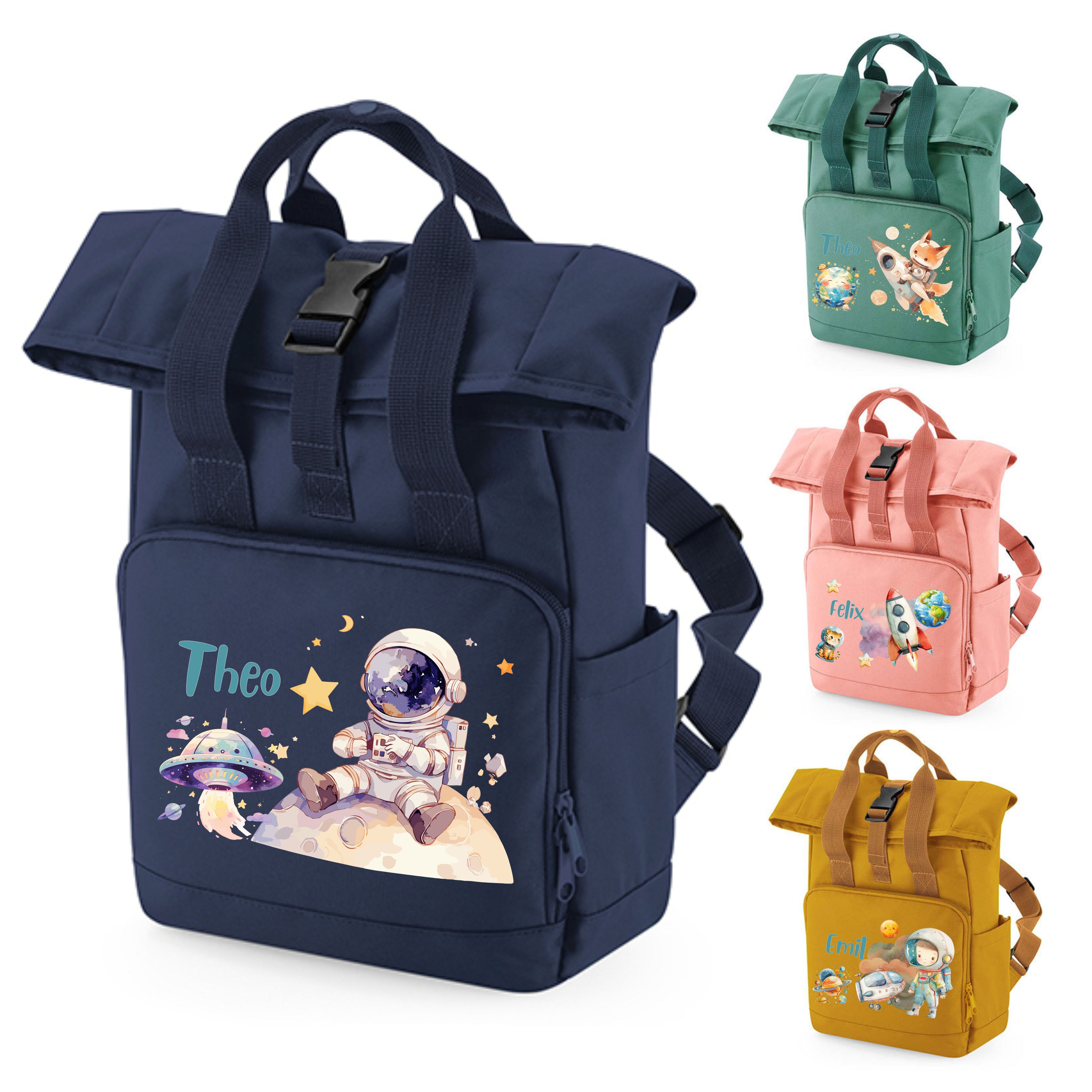 Kinderrucksack mit Weltall-Motiv – personalisiert mit Namen, mit Astronaut, Rakete & Planeten – aus recyceltem Polyester für Kita & Kindergarten