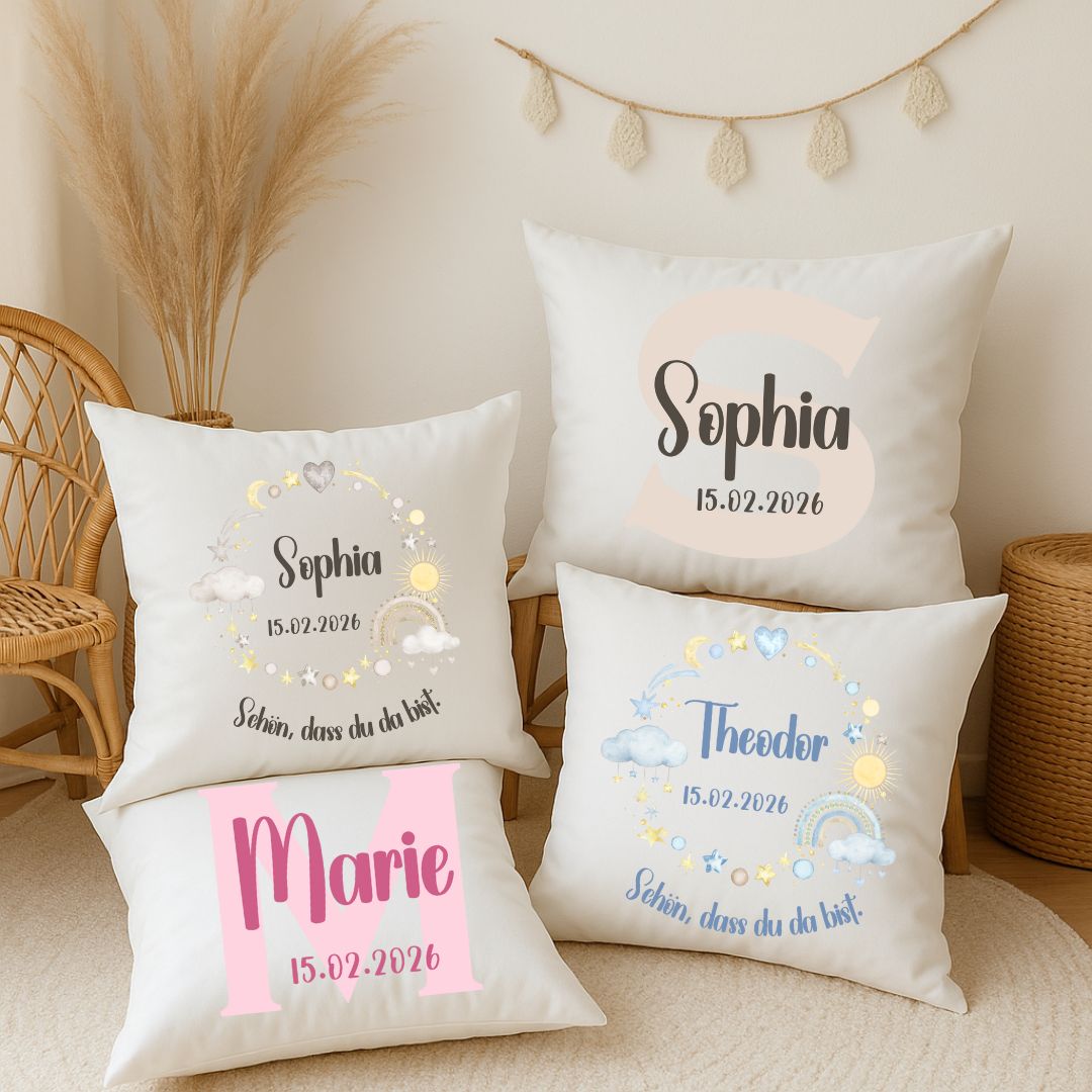 ersonalisiertes Babykissen mit Namen und Geburtsdatum als Geschenk zur Geburt oder Taufe