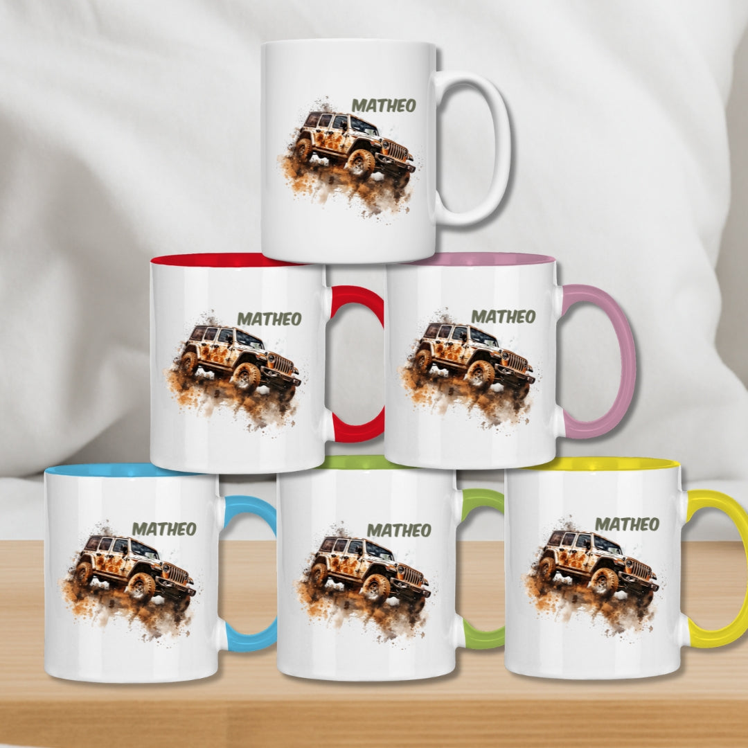 Kindertasse personalisiert – Keramiktasse mit Auto oder Rennwagen und Namen